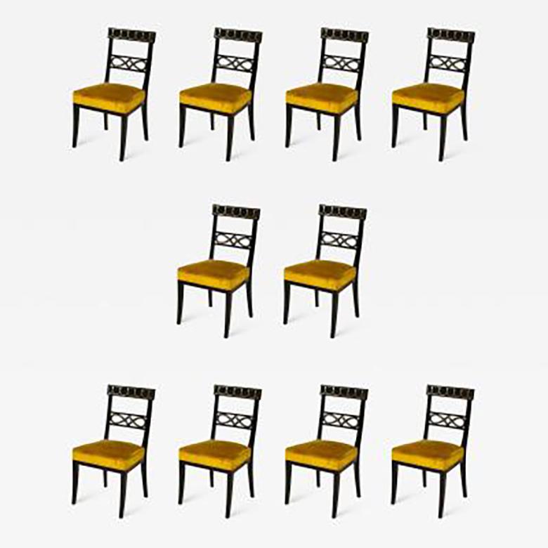 Set of Ten Brass-Inlaid and Ebonized Dining Chairs in the Regency Manner 5