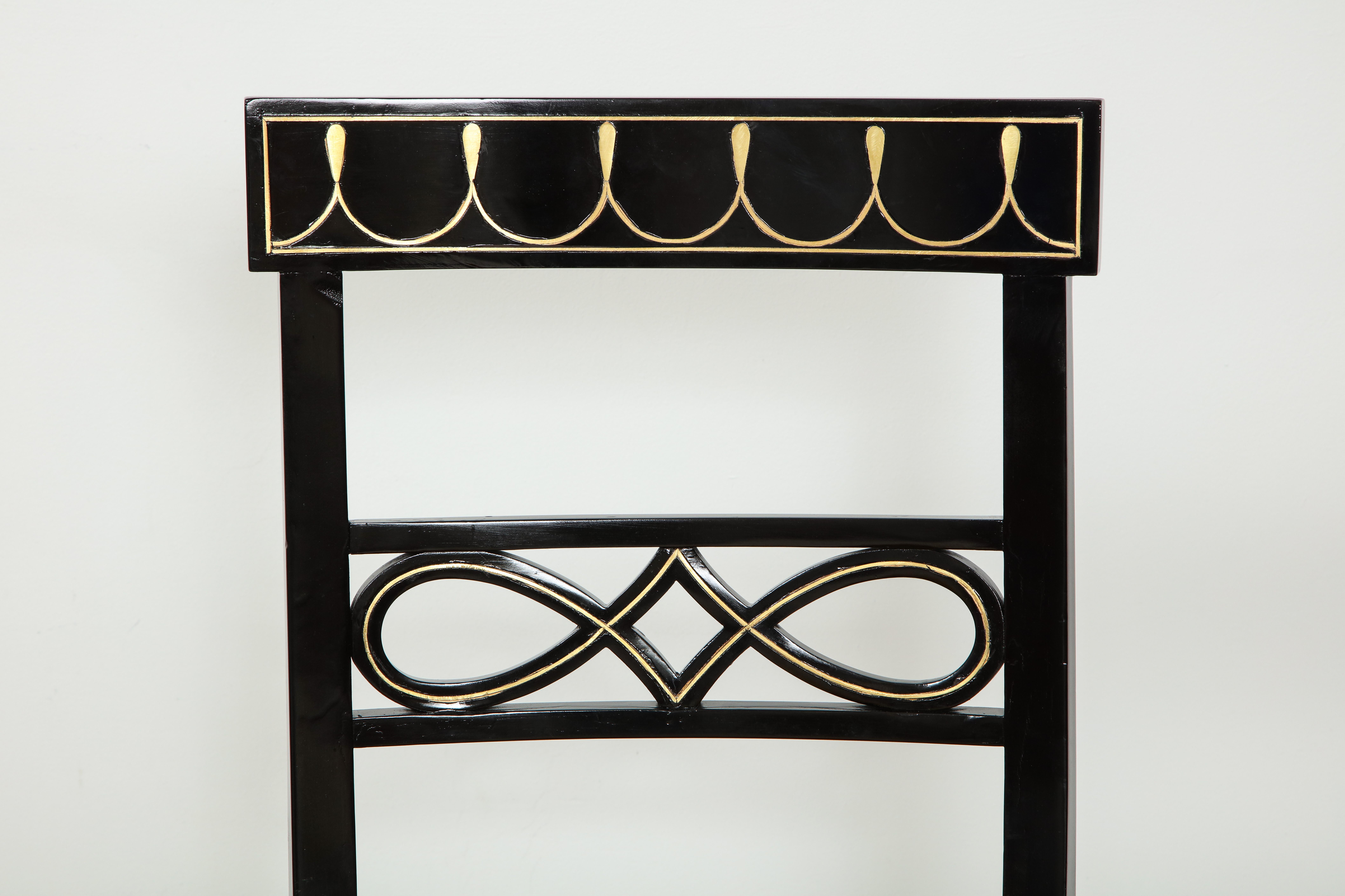 Set of Ten Brass-Inlaid and Ebonized Dining Chairs in the Regency Manner 3