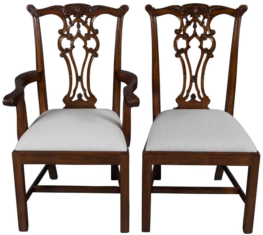 These stunning solid mahogany King James style dining chairs are carefully made using the finest in antique style materials and techniques. The solid mahogany, being treated to an elaborate hand-finishing process that includes distressing and