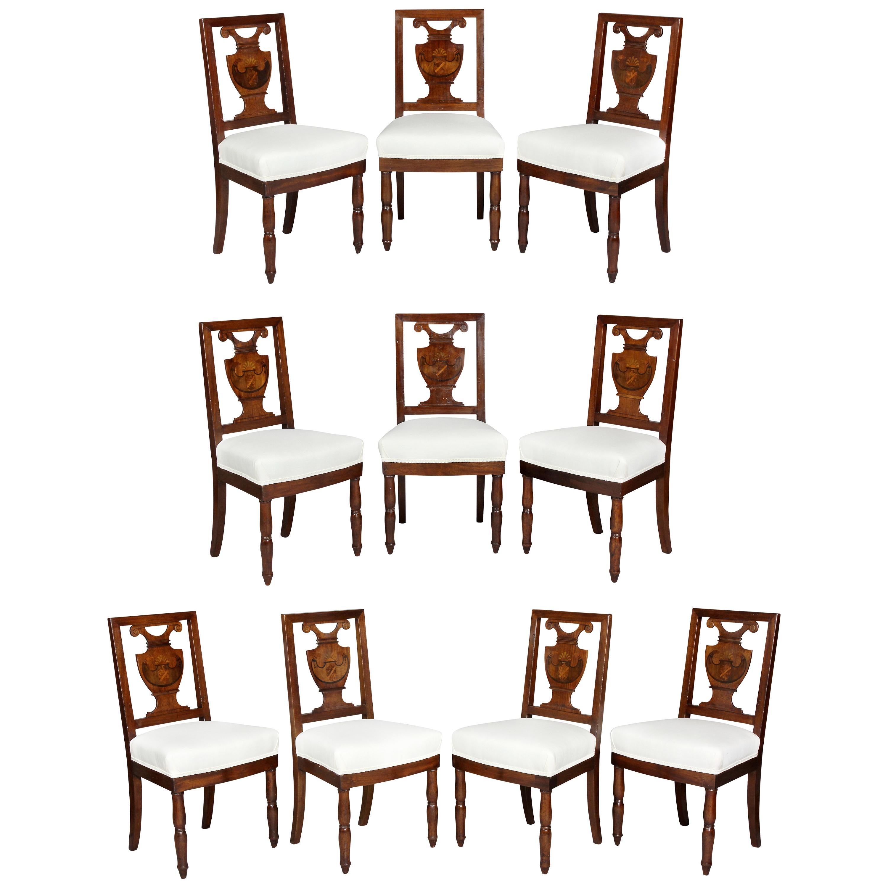 Set of Ten Charles X Mahogany and Inlaid Dining Chairs