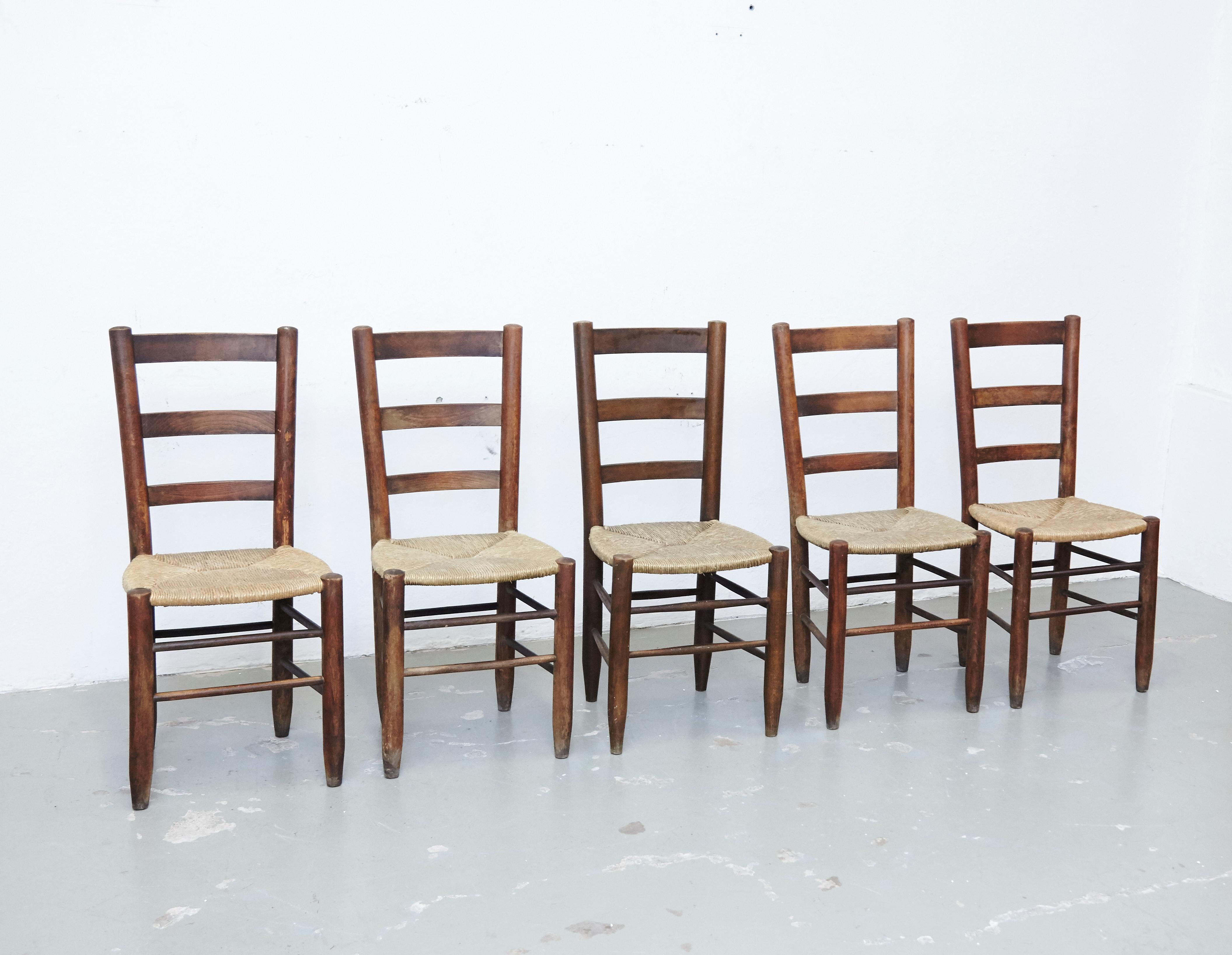 Set of Ten Charlotte Perriand Mid-Century Modern Wood Rattan French Nº 19 Chairs 14
