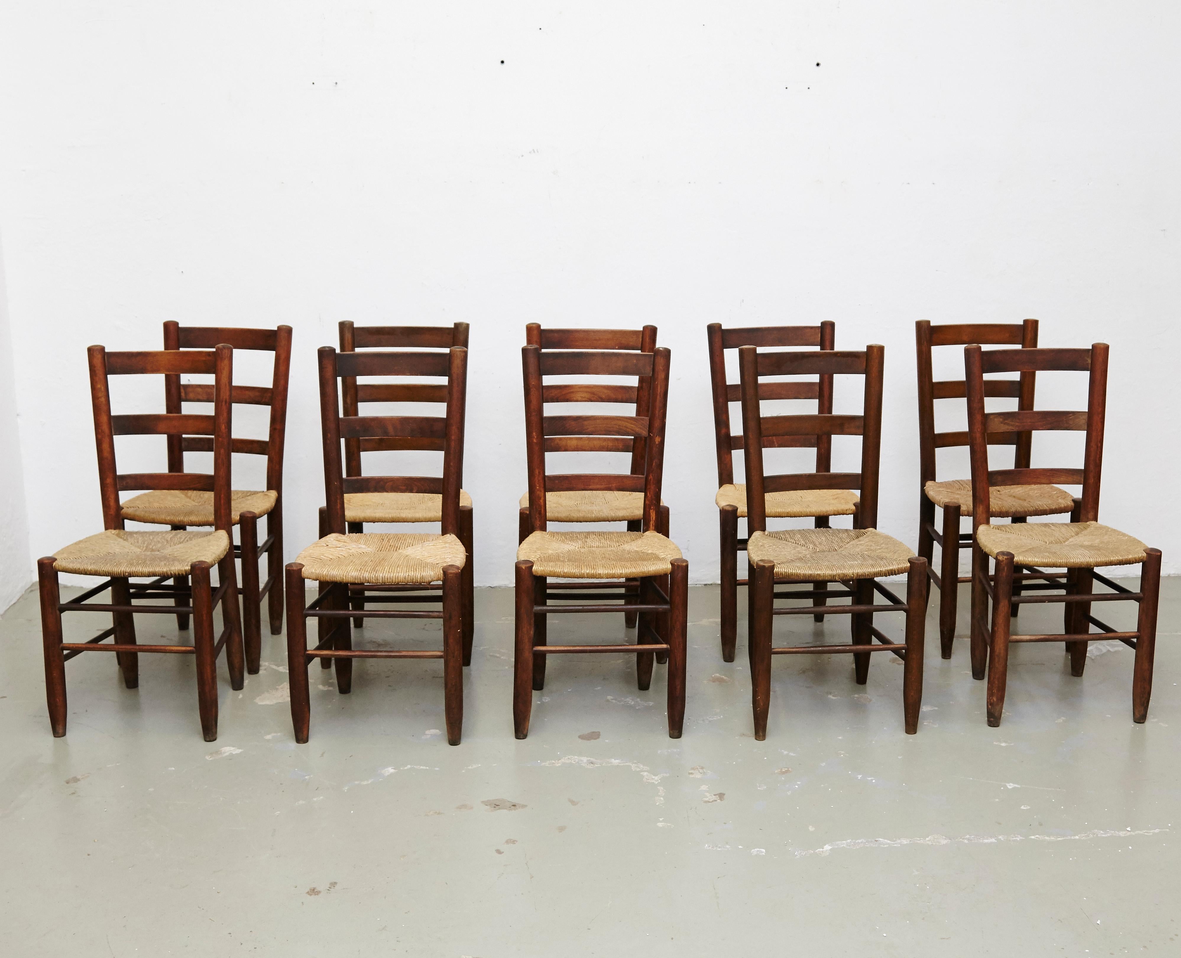 Set of Ten Charlotte Perriand Mid-Century Modern Wood Rattan French Nº 19 Chairs 15
