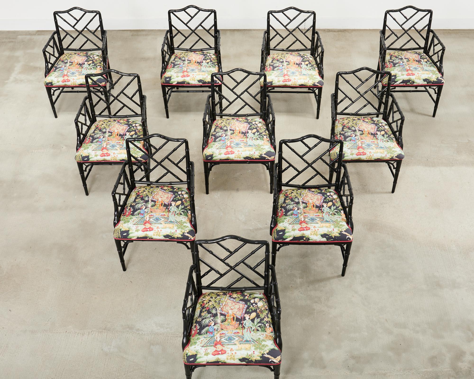 American Set of Ten Chinese Chippendale Lacquered Faux Bamboo Dining Chairs For Sale