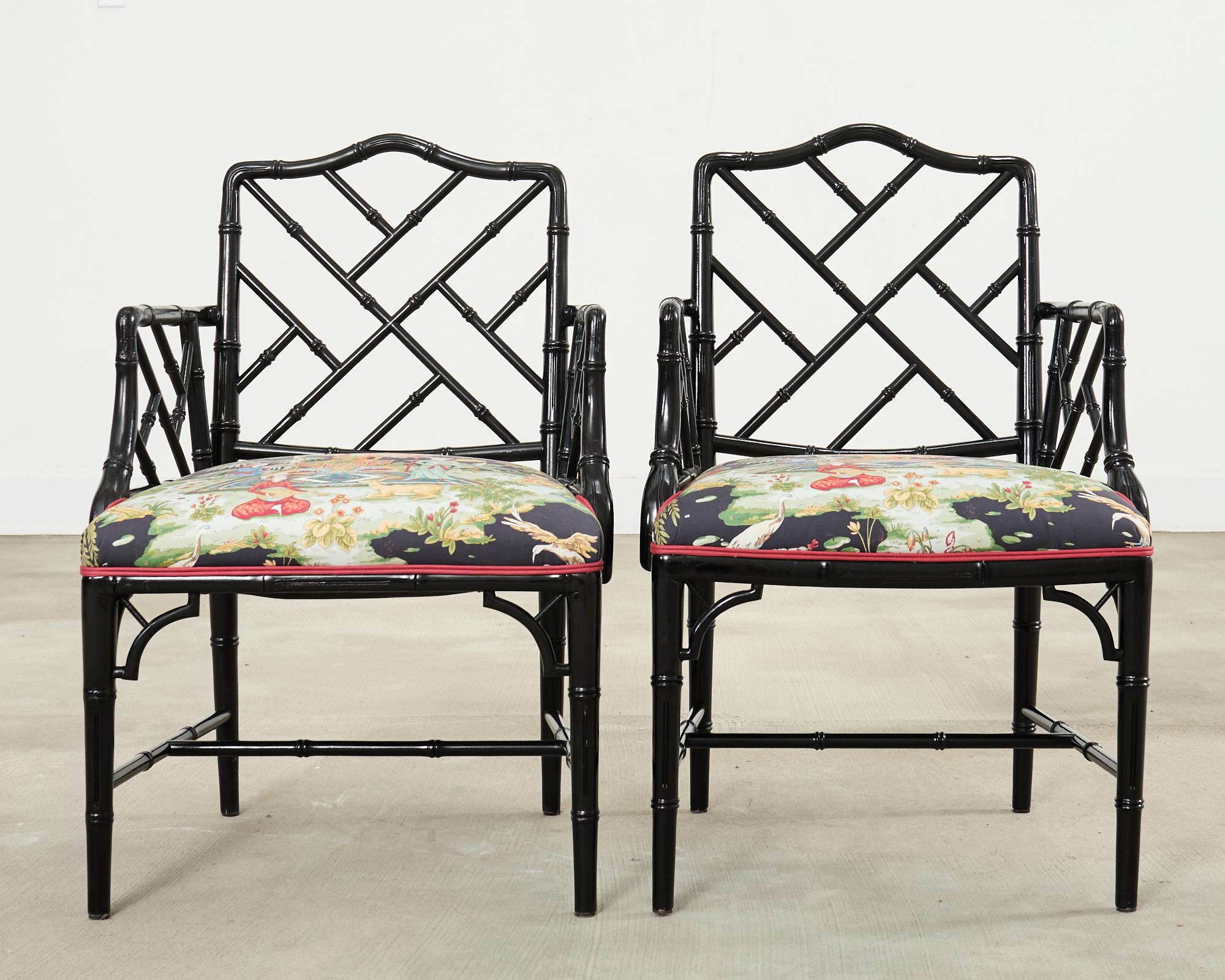 Set of Ten Chinese Chippendale Lacquered Faux Bamboo Dining Chairs In Good Condition For Sale In Rio Vista, CA