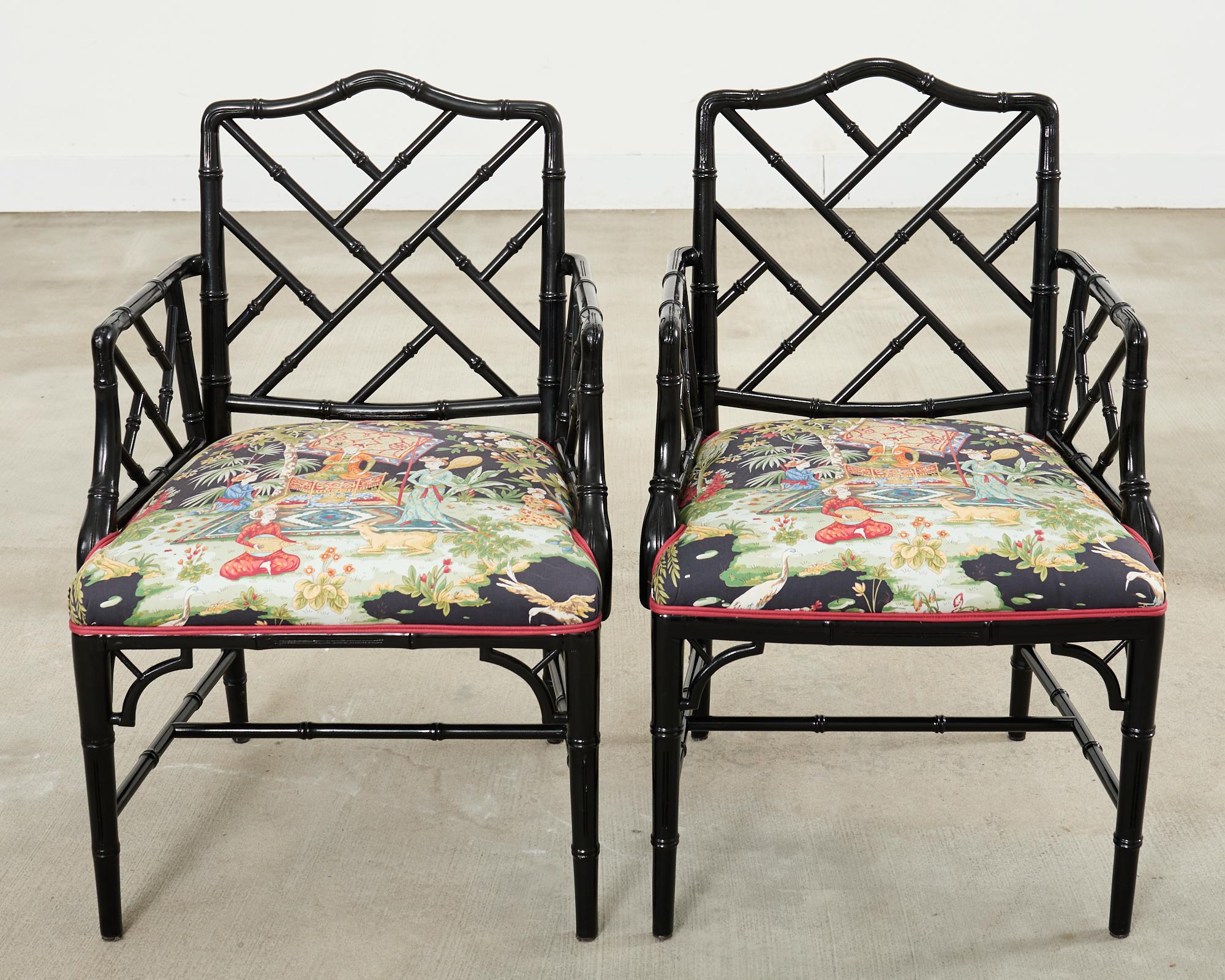 20th Century Set of Ten Chinese Chippendale Lacquered Faux Bamboo Dining Chairs For Sale