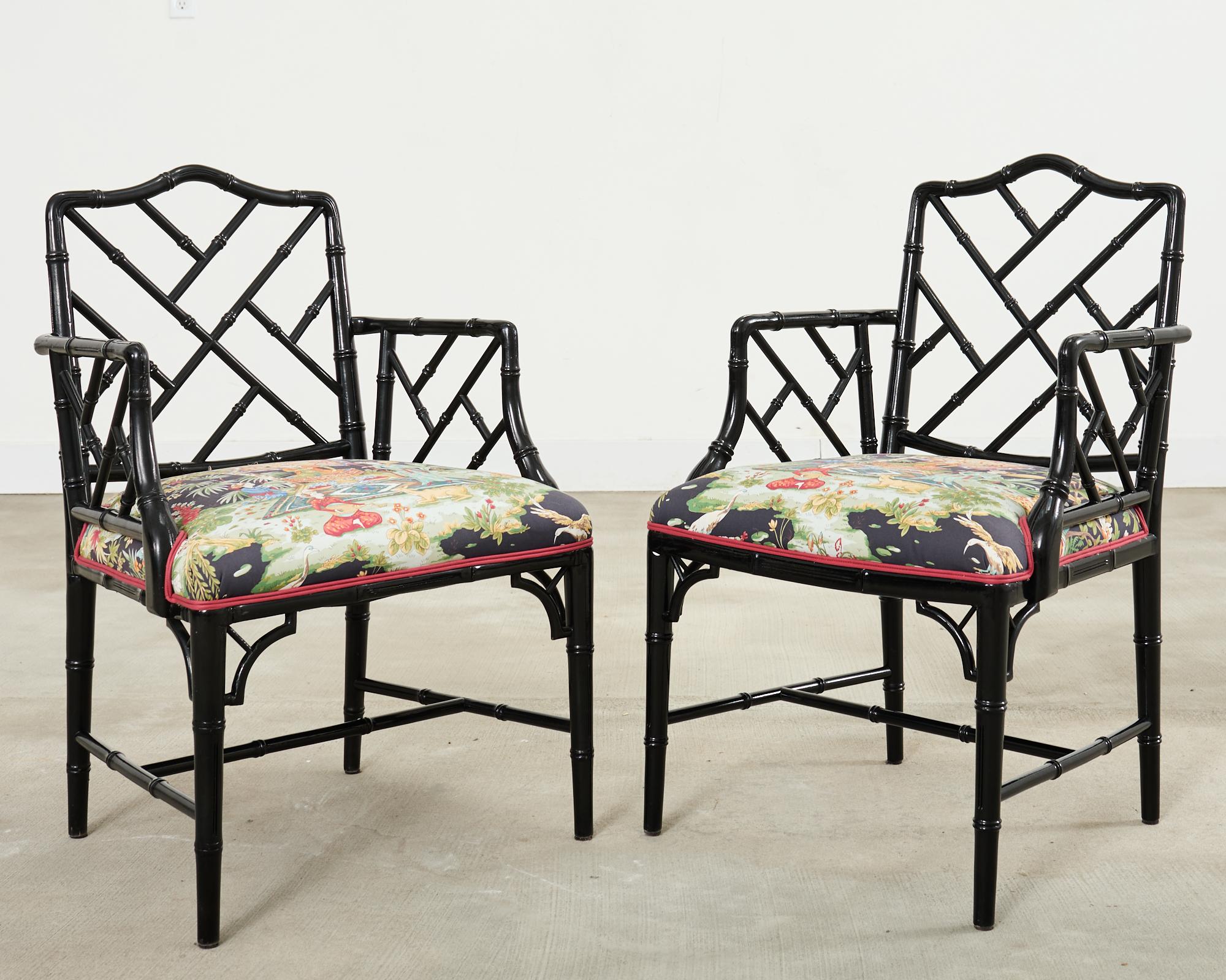 Fabric Set of Ten Chinese Chippendale Lacquered Faux Bamboo Dining Chairs For Sale