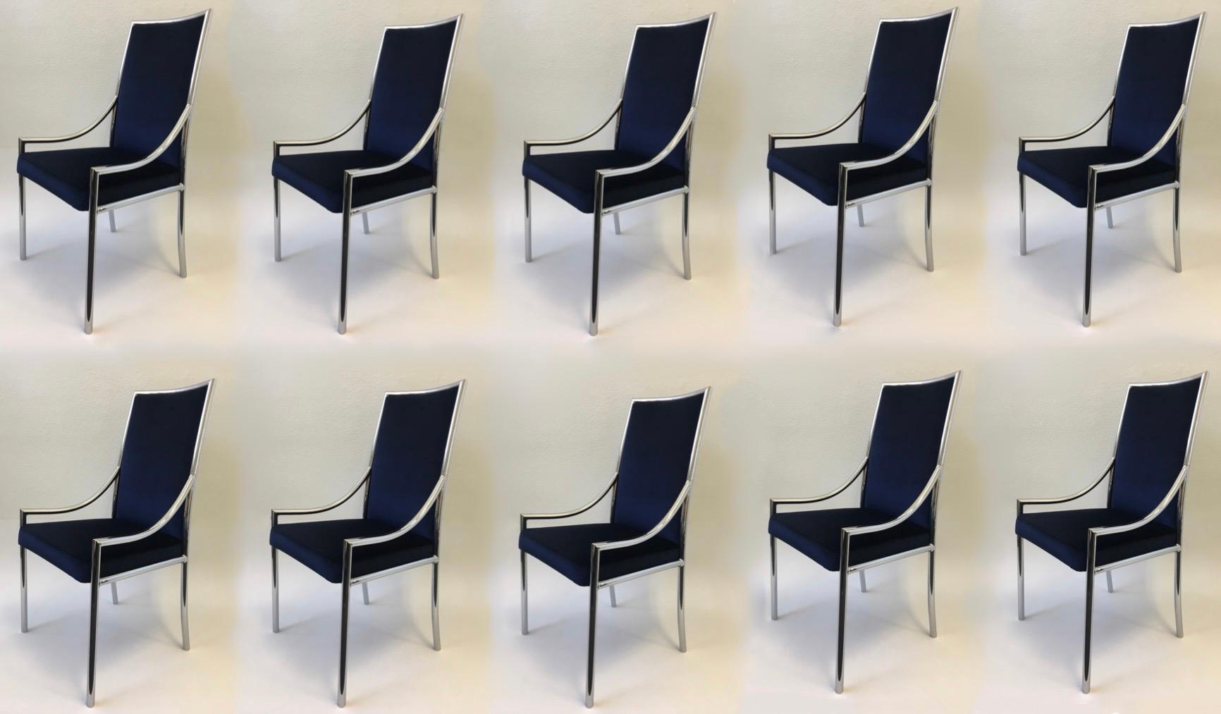 Set of Ten Chrome and Royal Blue Velvet Dining Chair Attributed to Pierre Cardin For Sale 2