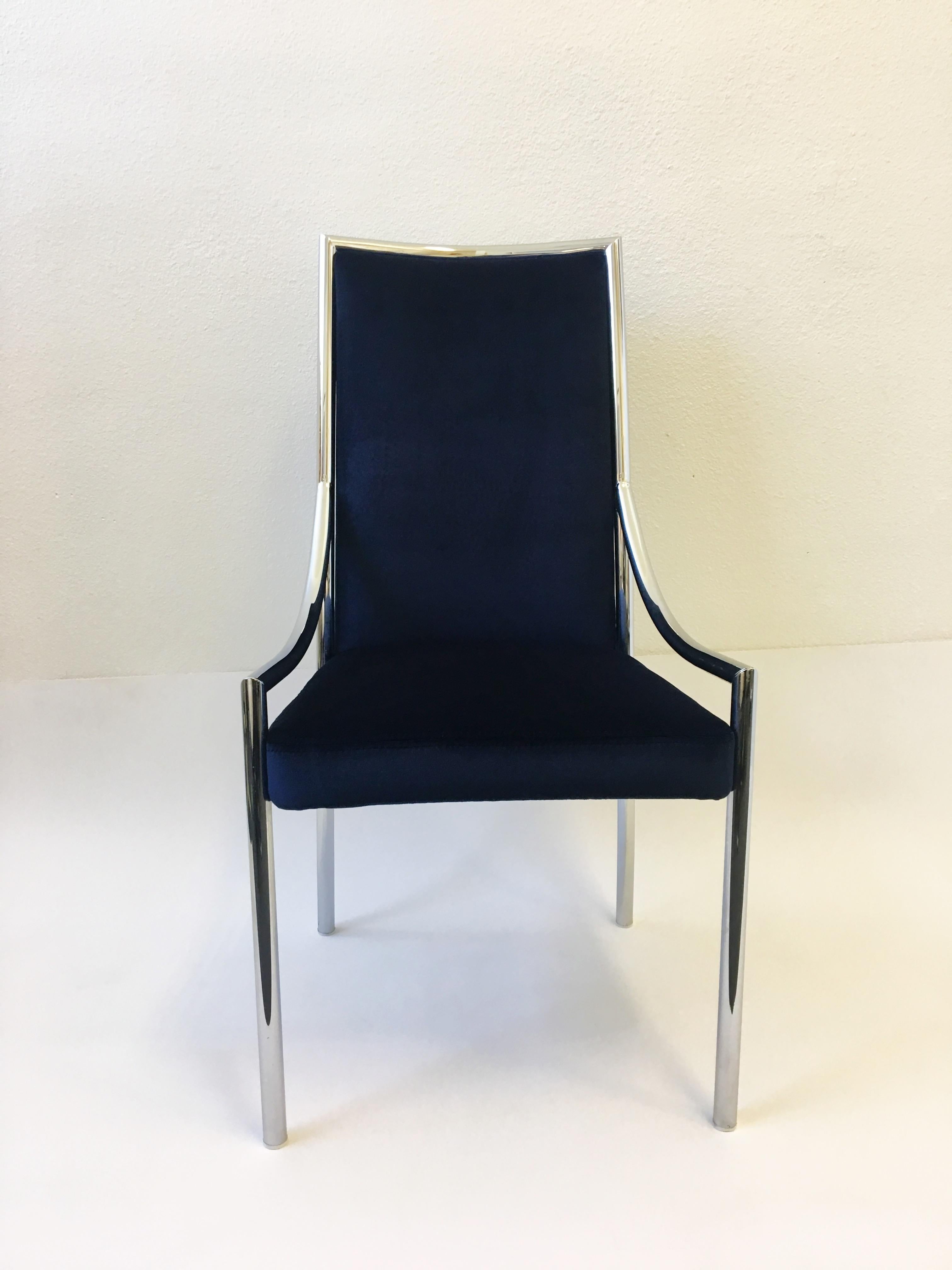 Polished Set of Ten Chrome and Royal Blue Velvet Dining Chair Attributed to Pierre Cardin For Sale