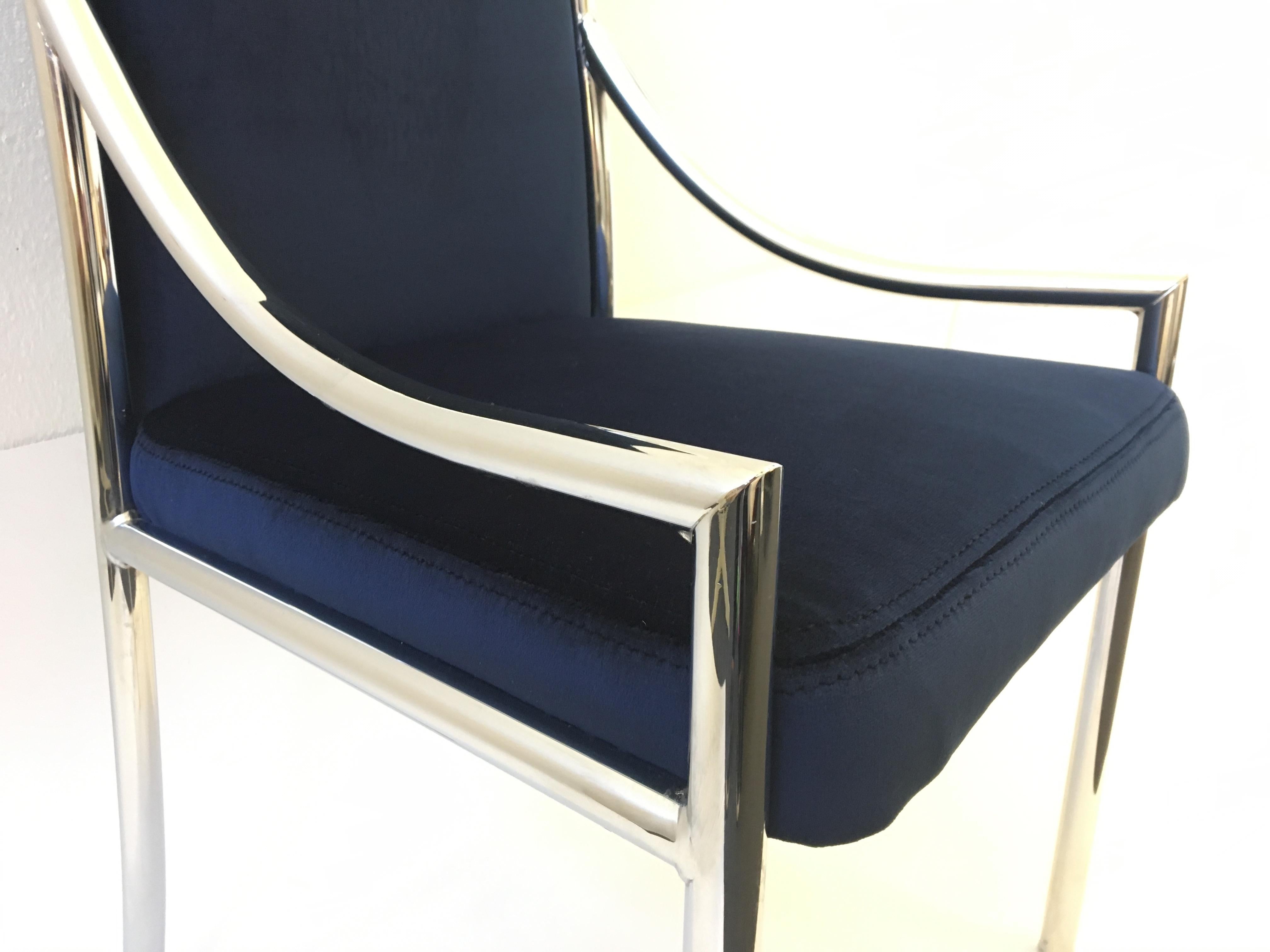 Set of Ten Chrome and Royal Blue Velvet Dining Chair Attributed to Pierre Cardin In Good Condition For Sale In Palm Springs, CA