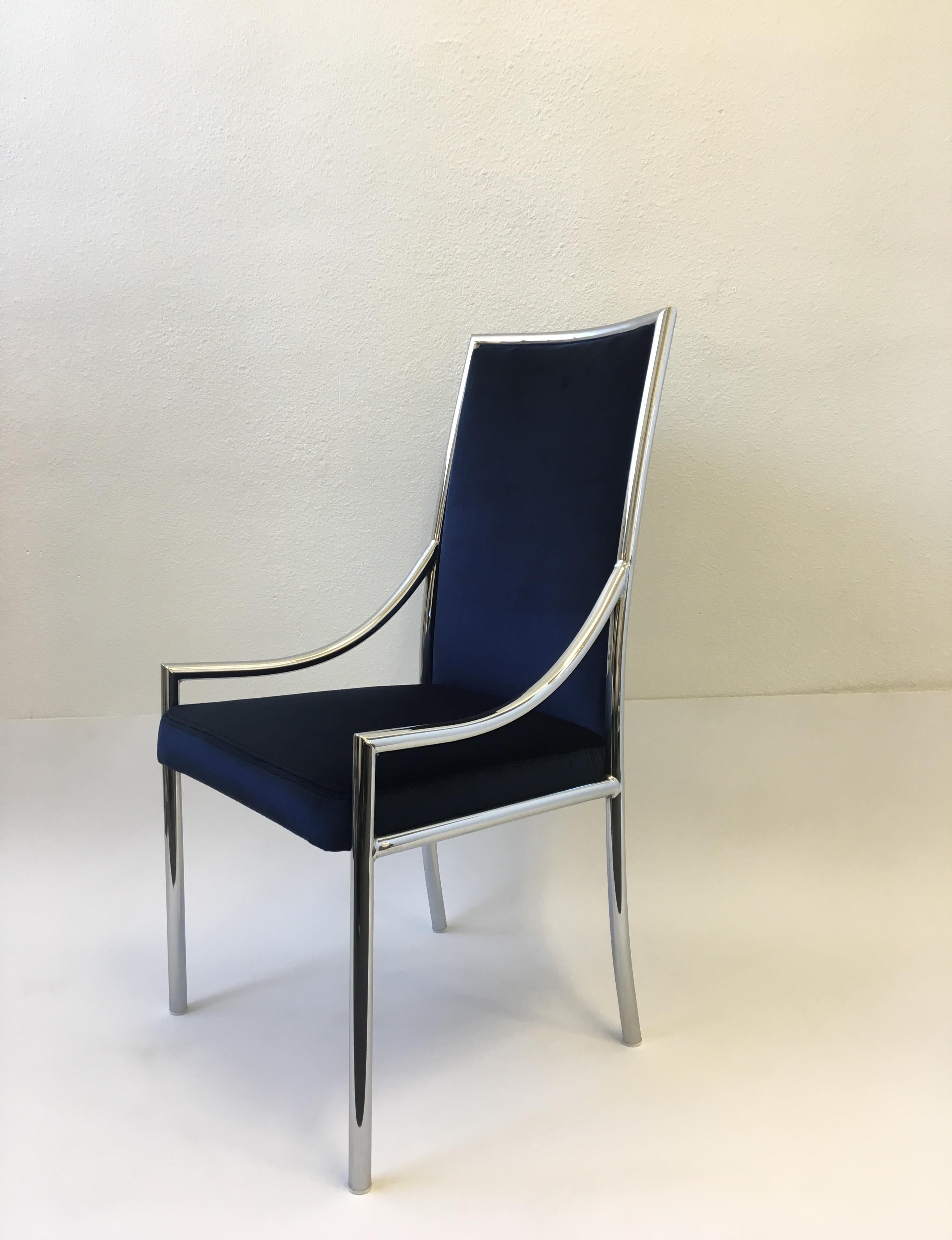 Set of Ten Chrome and Royal Blue Velvet Dining Chair Attributed to Pierre Cardin For Sale 1