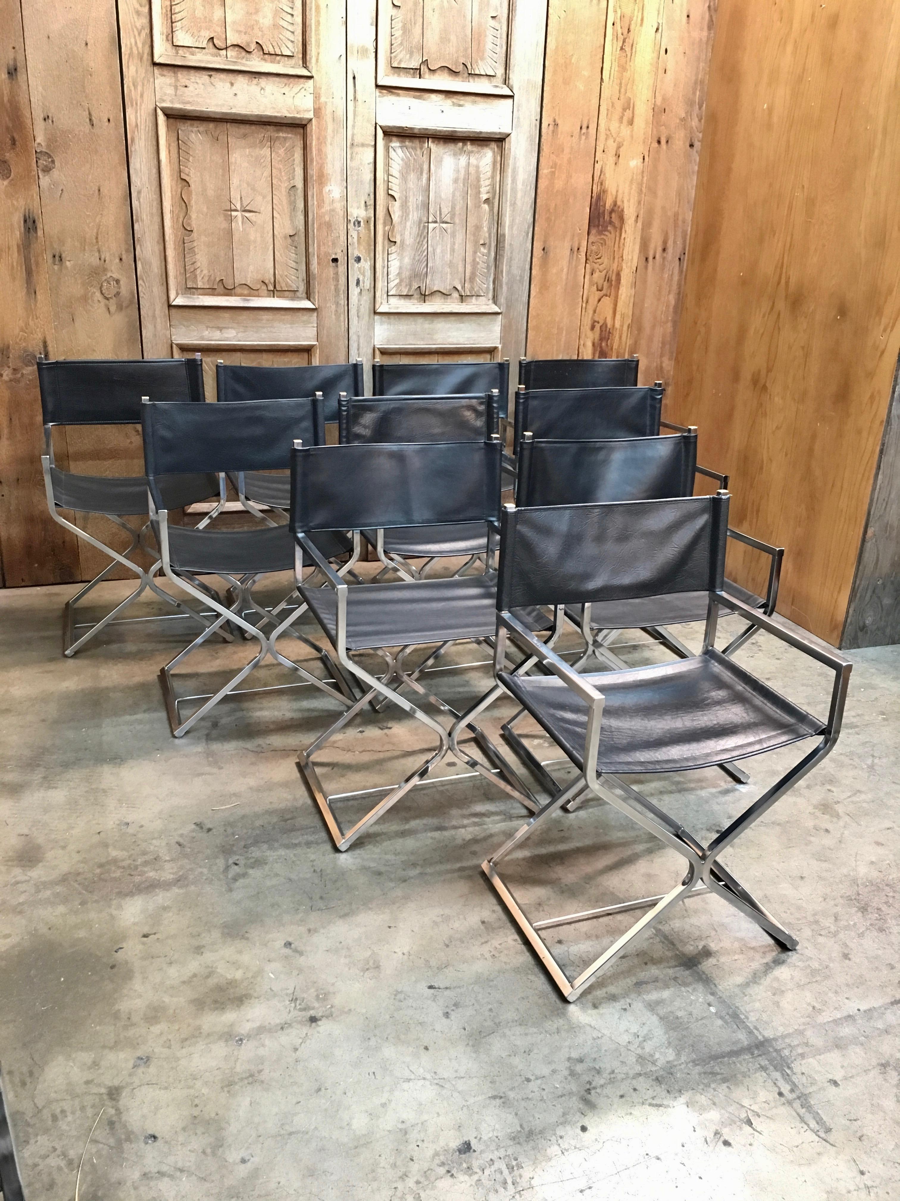 Mid-Century Modern Set of Ten Chrome Director Style Chairs, 1970s
