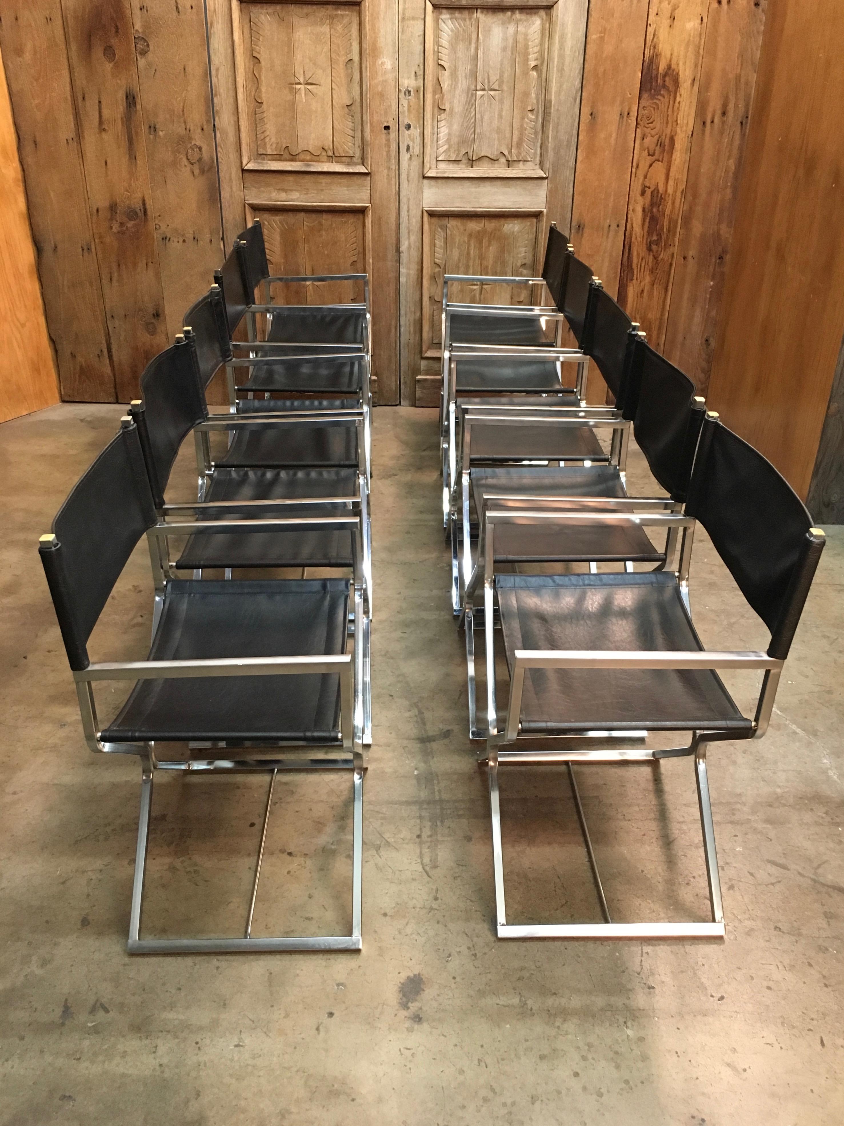 North American Set of Ten Chrome Director Style Chairs, 1970s