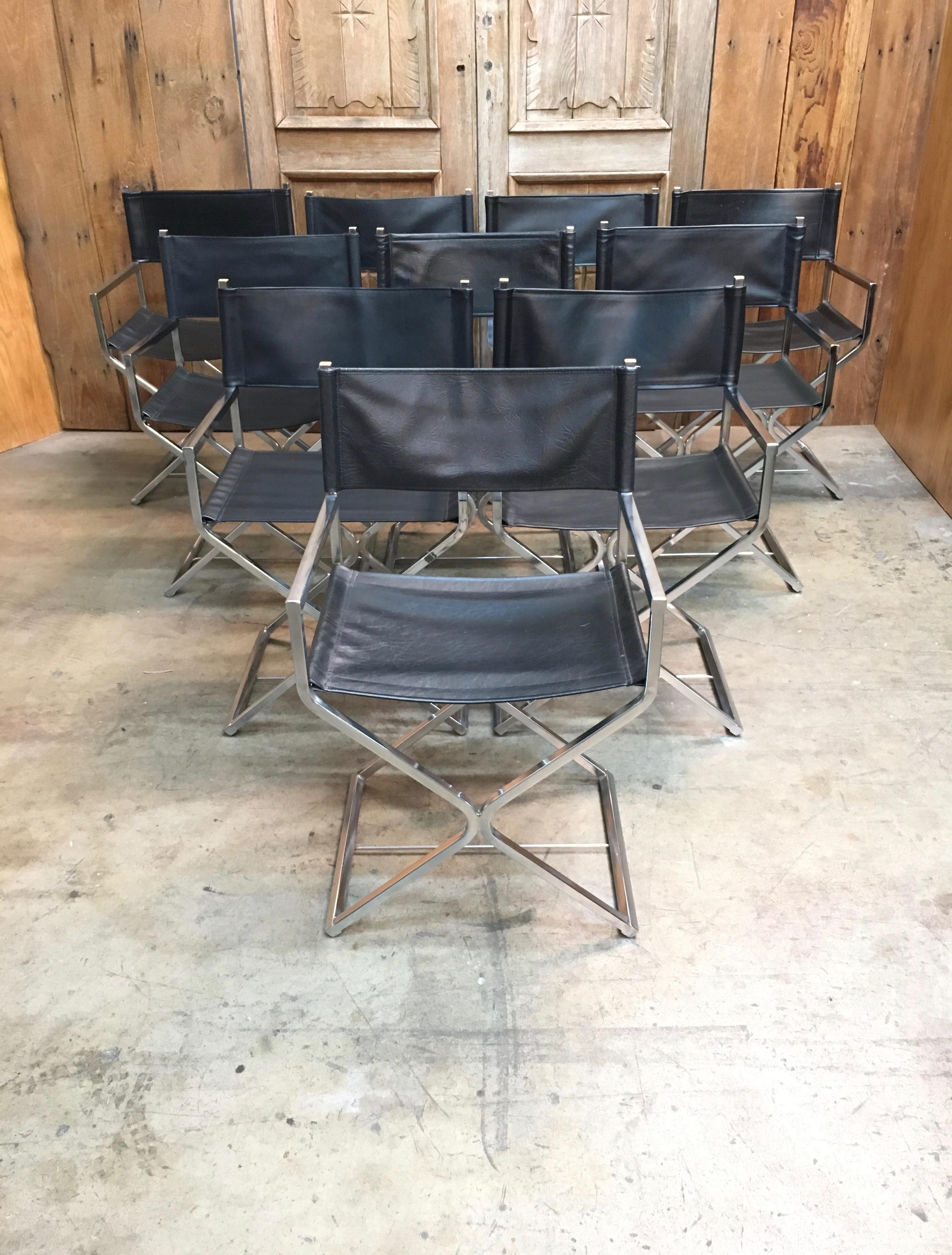 Set of Ten Chrome Director Style Chairs, 1970s In Good Condition In Denton, TX