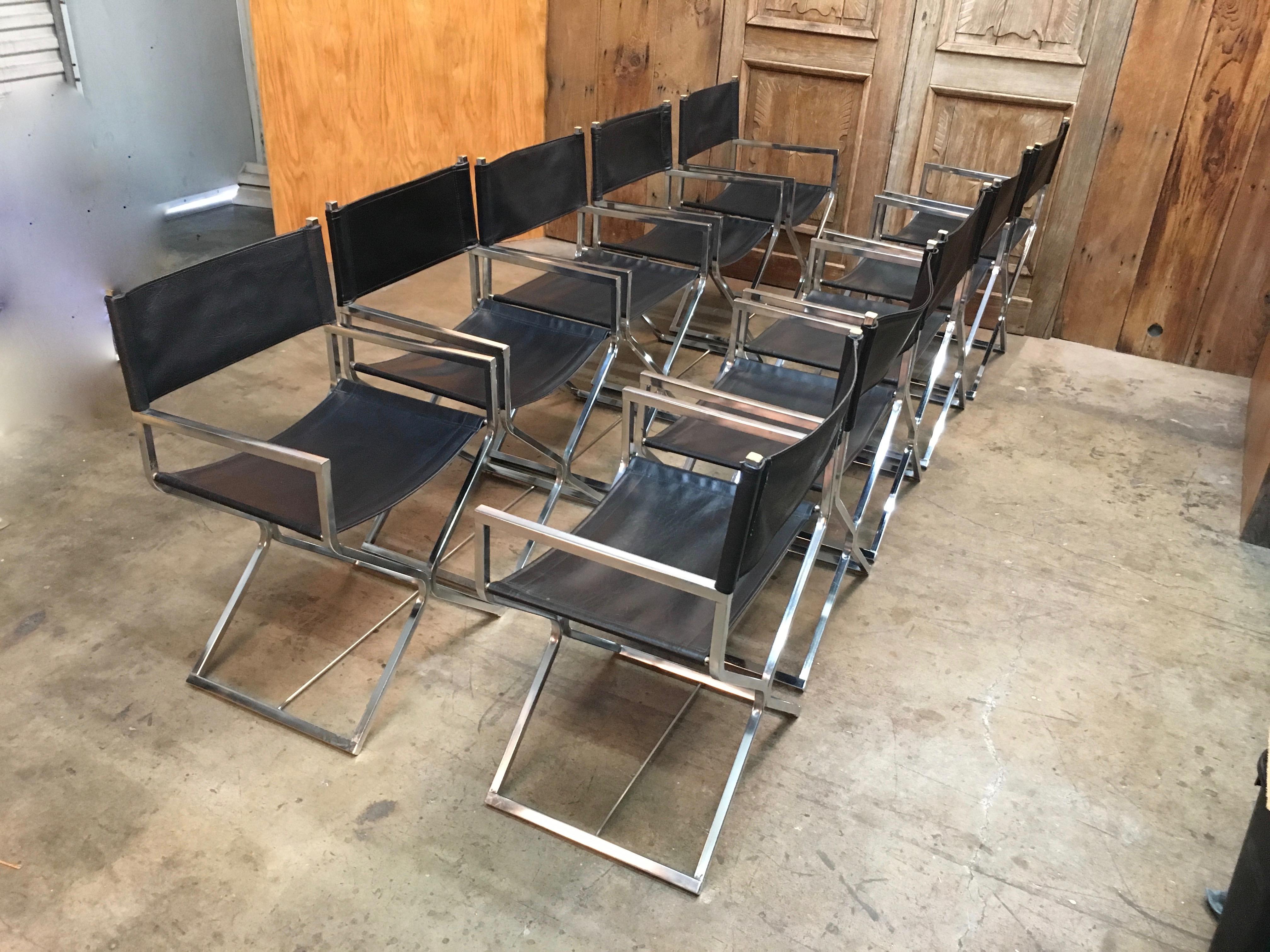 20th Century Set of Ten Chrome Director Style Chairs, 1970s