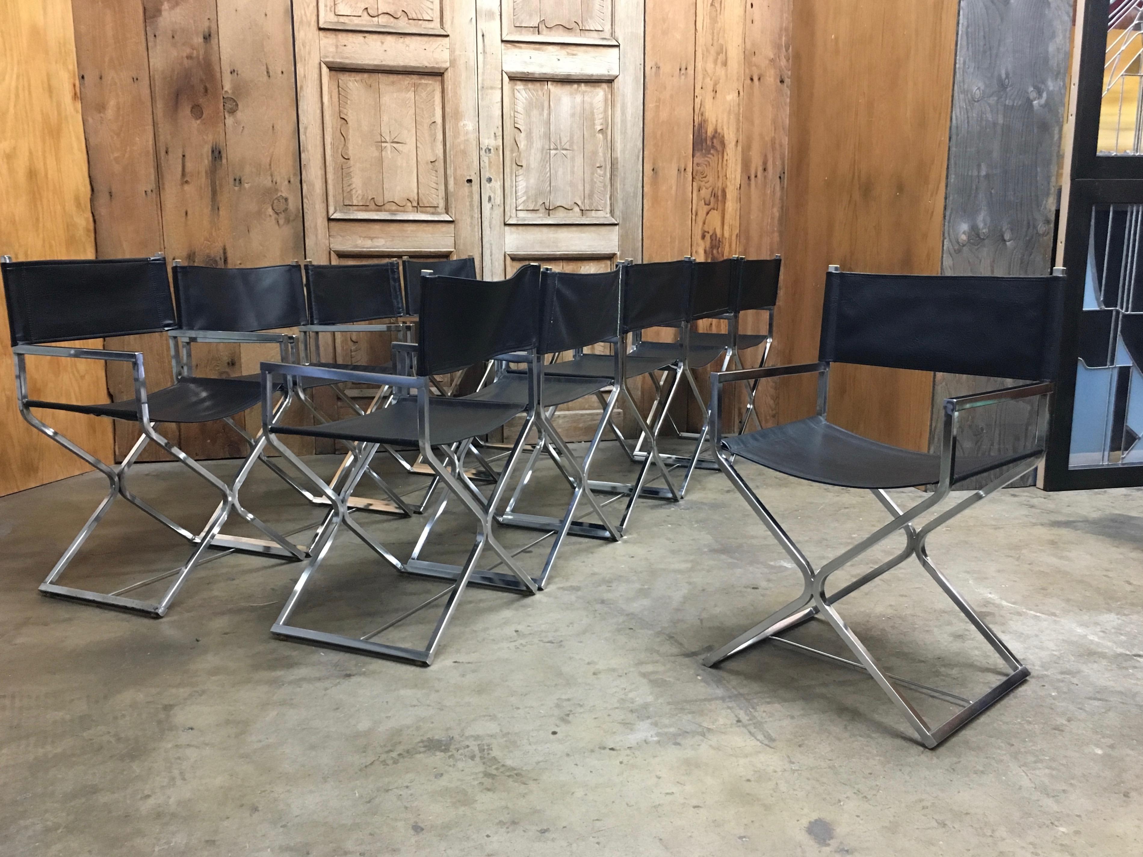 Faux Leather Set of Ten Chrome Director Style Chairs, 1970s