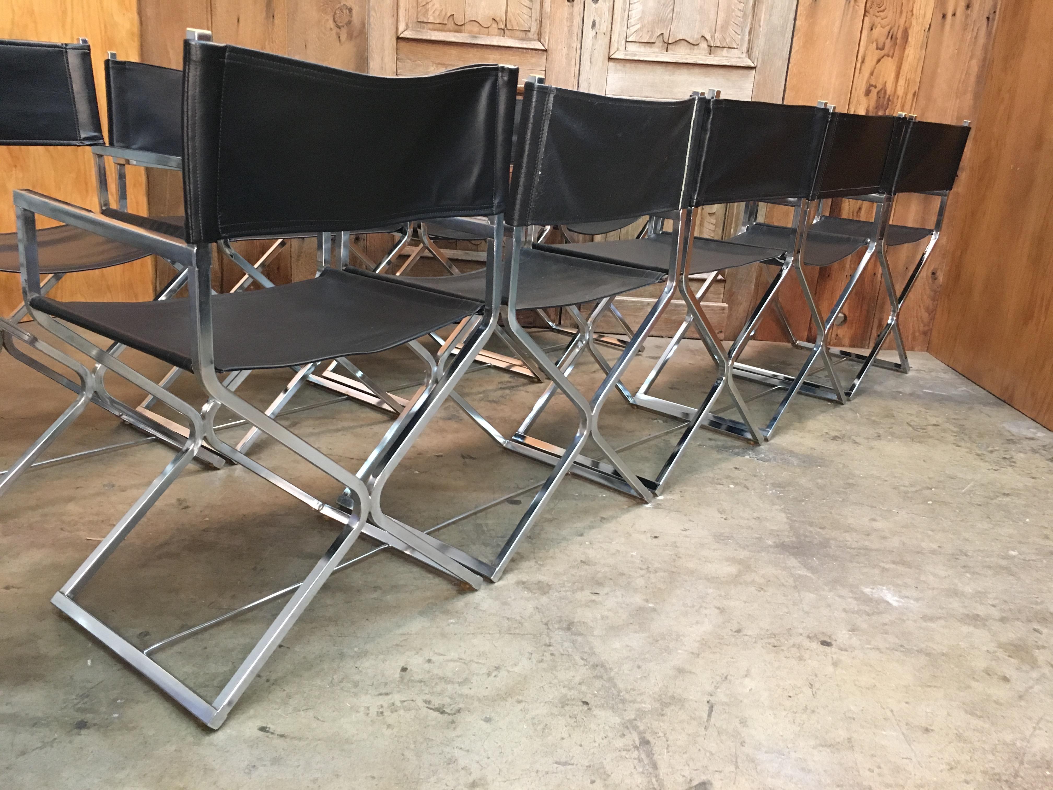 Set of Ten Chrome Director Style Chairs, 1970s 1