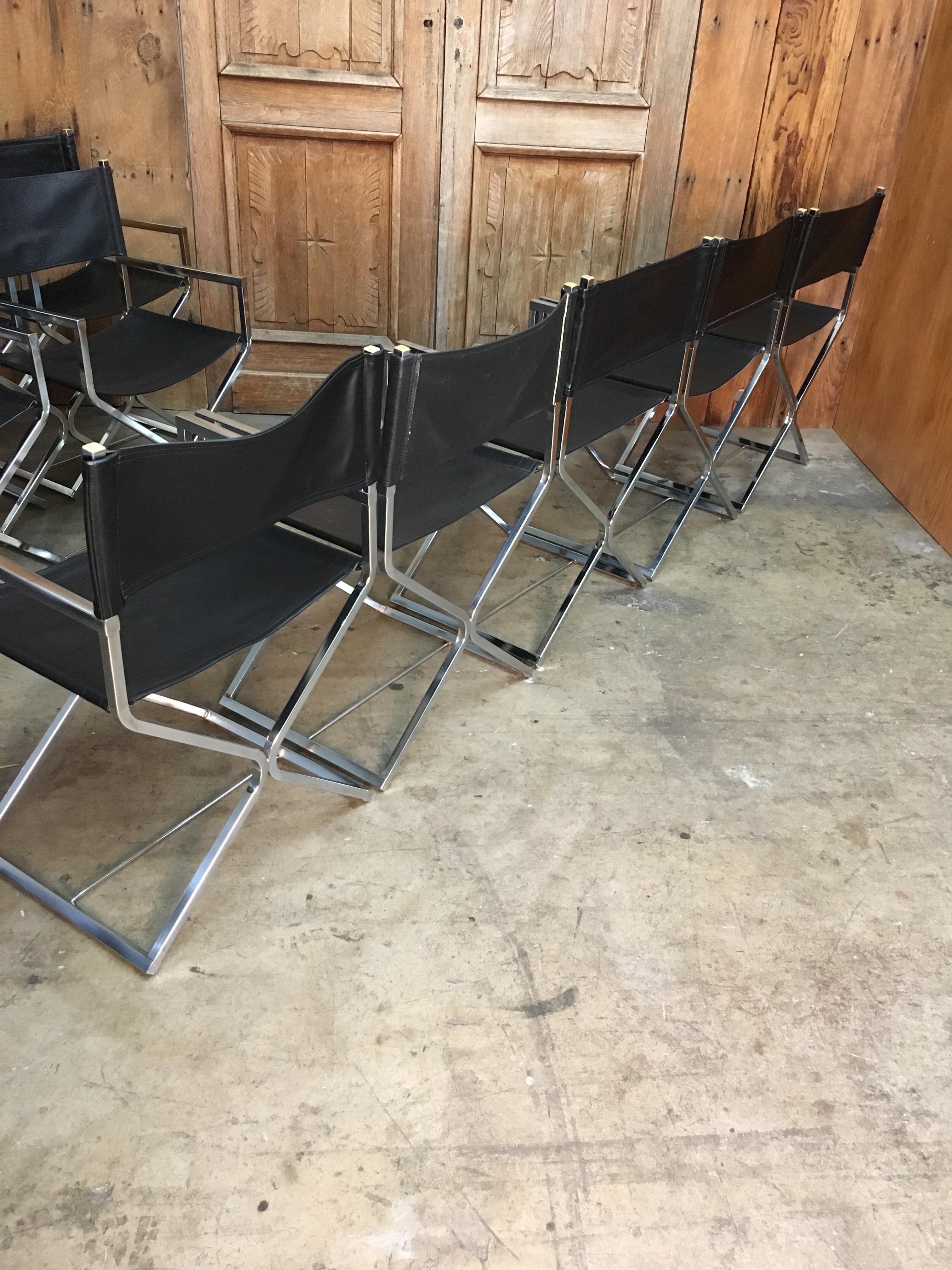 Set of Ten Chrome Director Style Chairs, 1970s 2