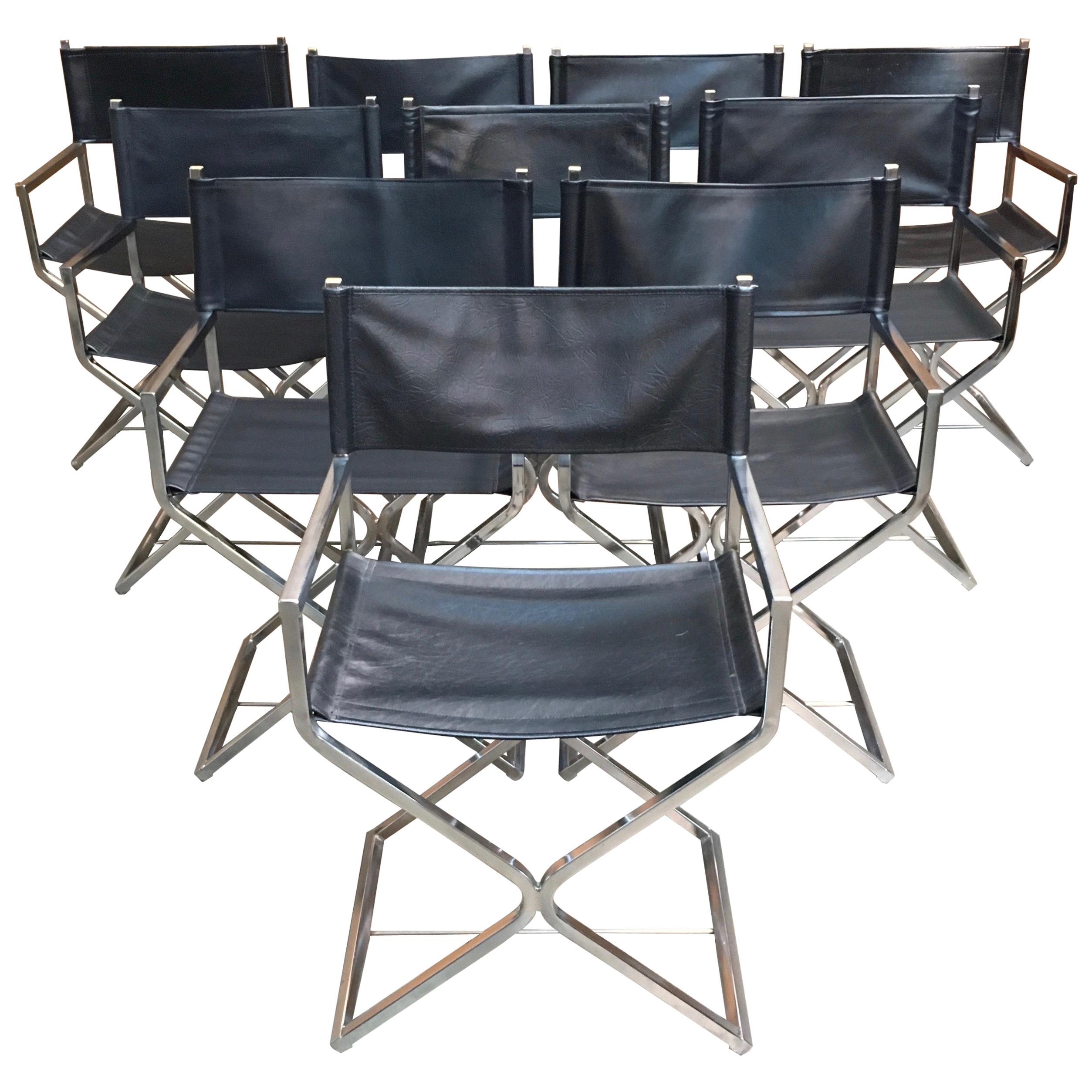Set of Ten Chrome Director Style Chairs, 1970s