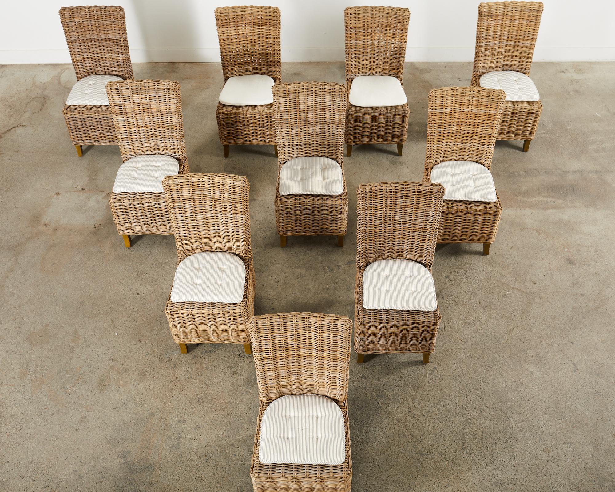Hand-Crafted Set of Ten Coastal Organic Modern Rattan Wicker Dining Chairs