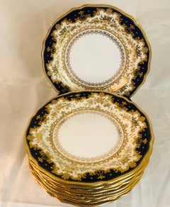 Set of Ten Cobalt Spode Copeland Jeweled Dinner Plates with Raised Gilding