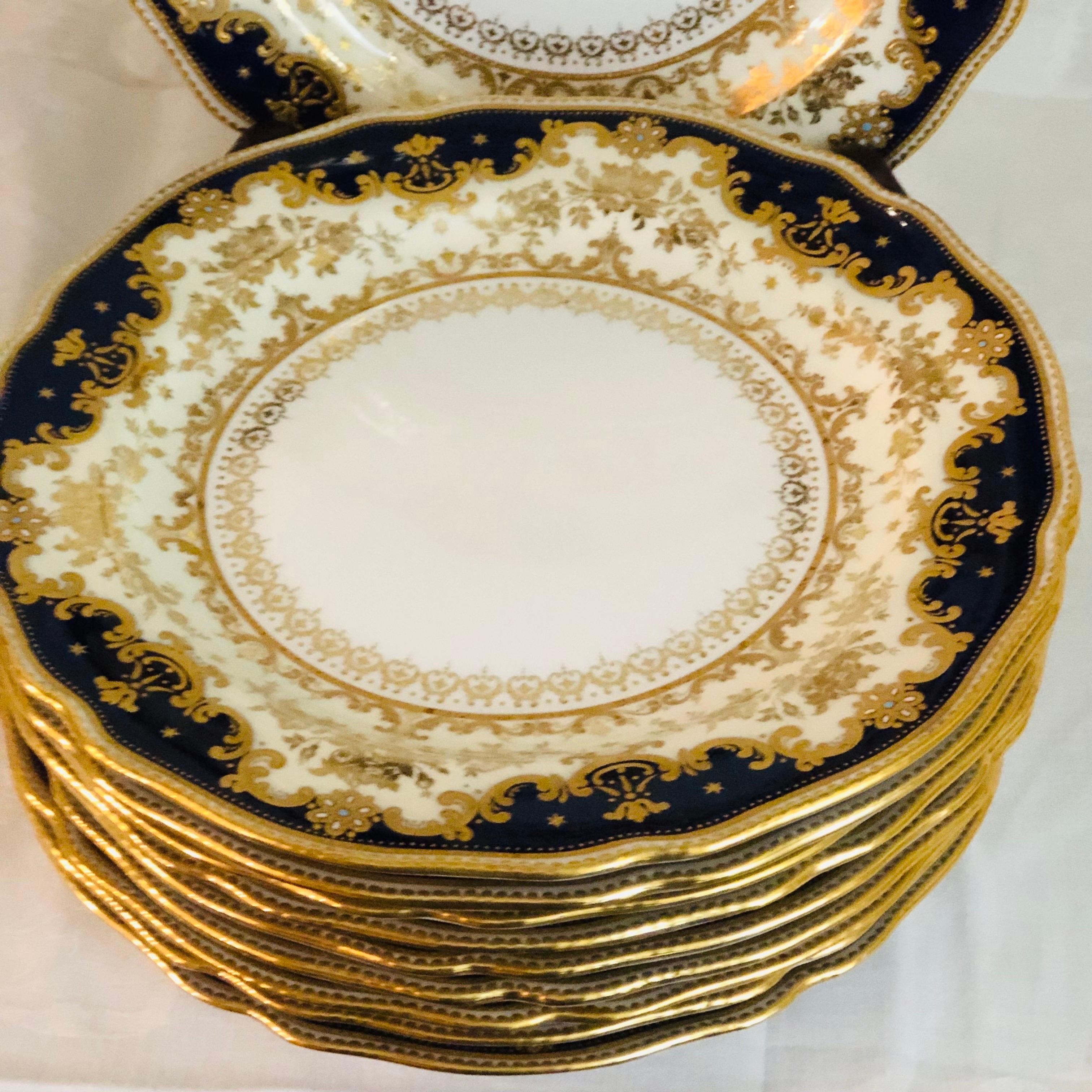Rococo Set of Ten Cobalt Spode Copeland Jeweled Dinner Plates with Raised Gilding  