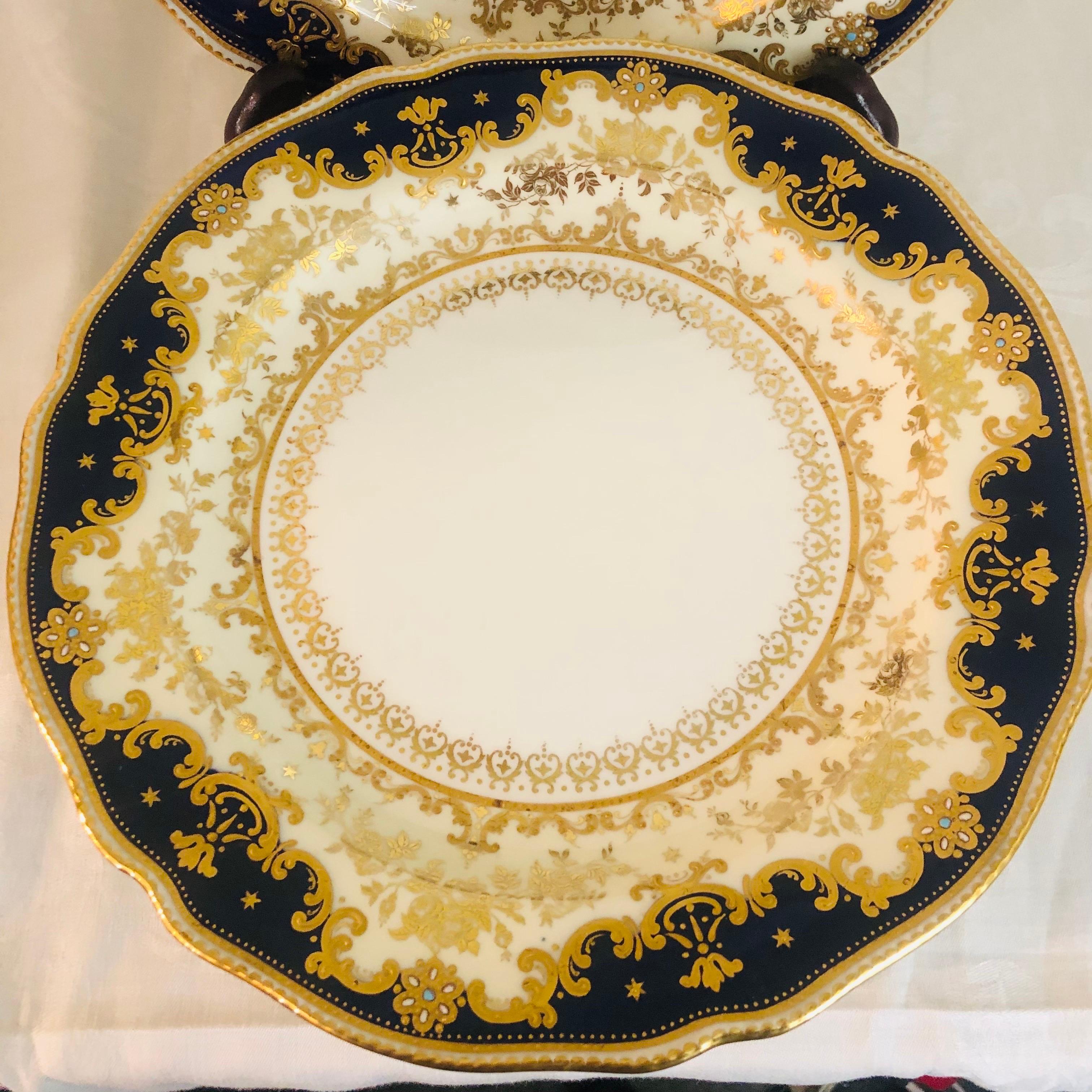 English Set of Ten Cobalt Spode Copeland Jeweled Dinner Plates with Raised Gilding  
