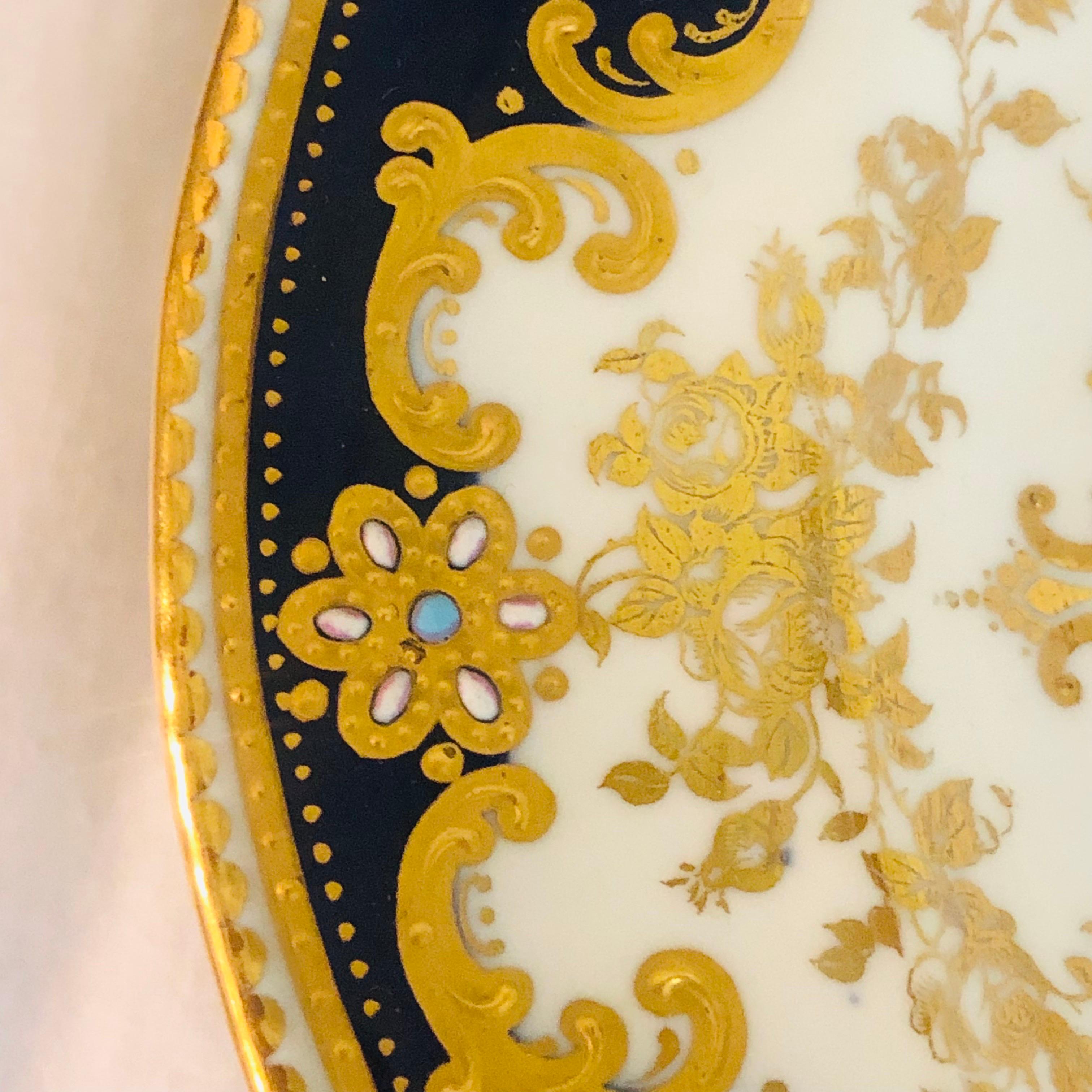 Gilt Set of Ten Cobalt Spode Copeland Jeweled Dinner Plates with Raised Gilding