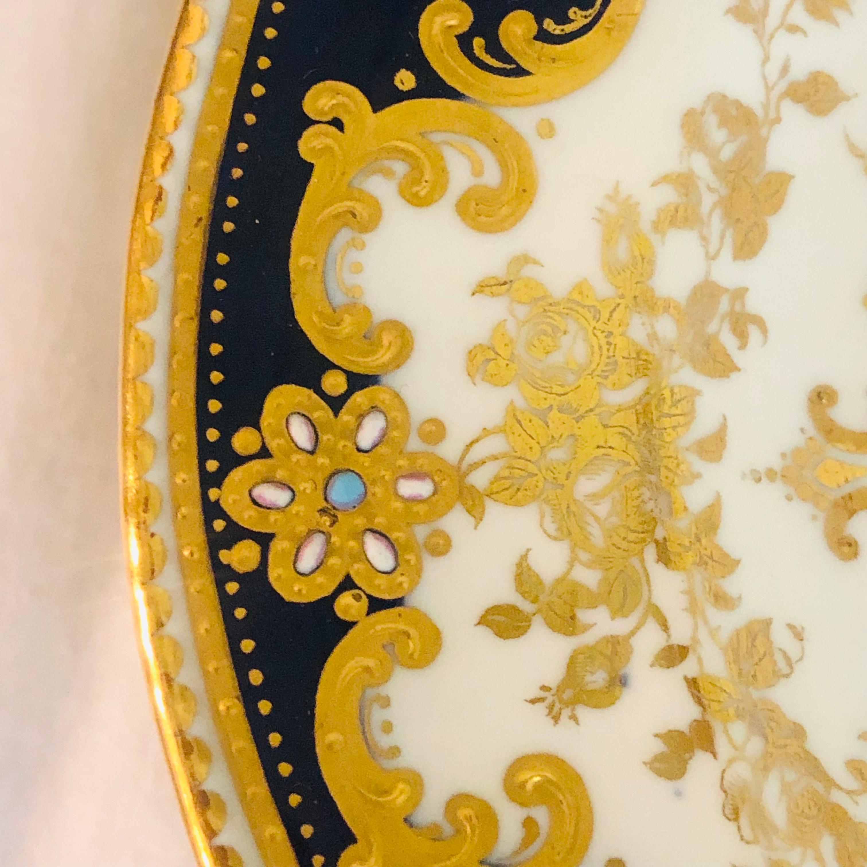 Gilt Set of Ten Cobalt Spode Copeland Jeweled Dinner Plates with Raised Gilding  