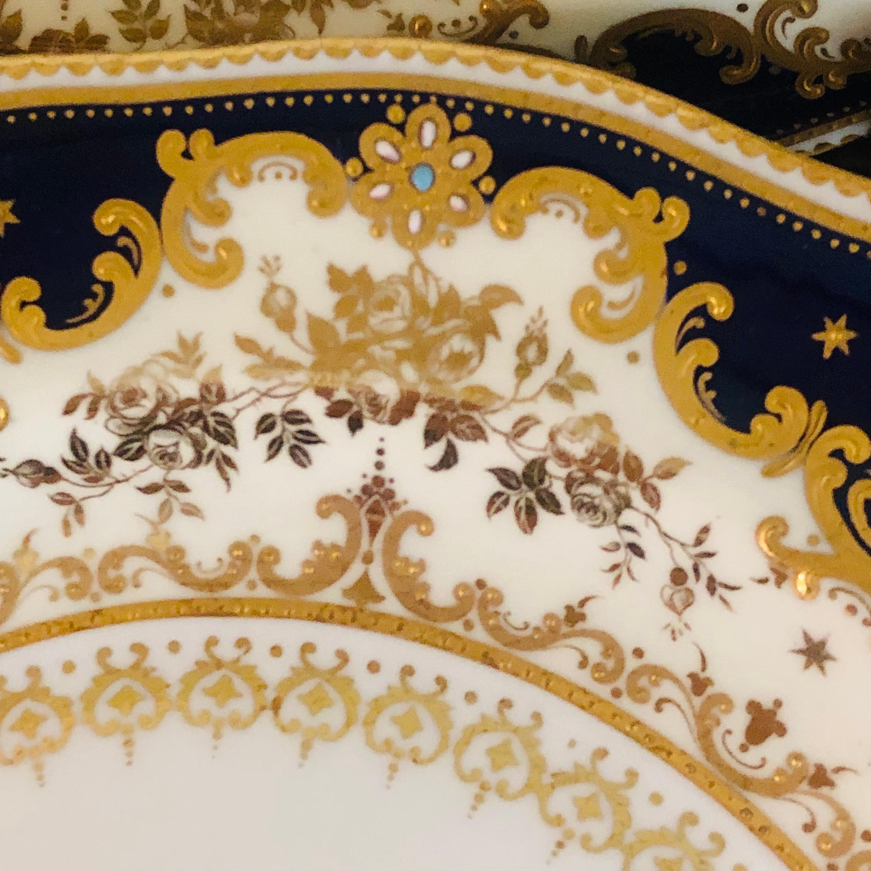 Set of Ten Cobalt Spode Copeland Jeweled Dinner Plates with Raised Gilding   In Good Condition In Boston, MA
