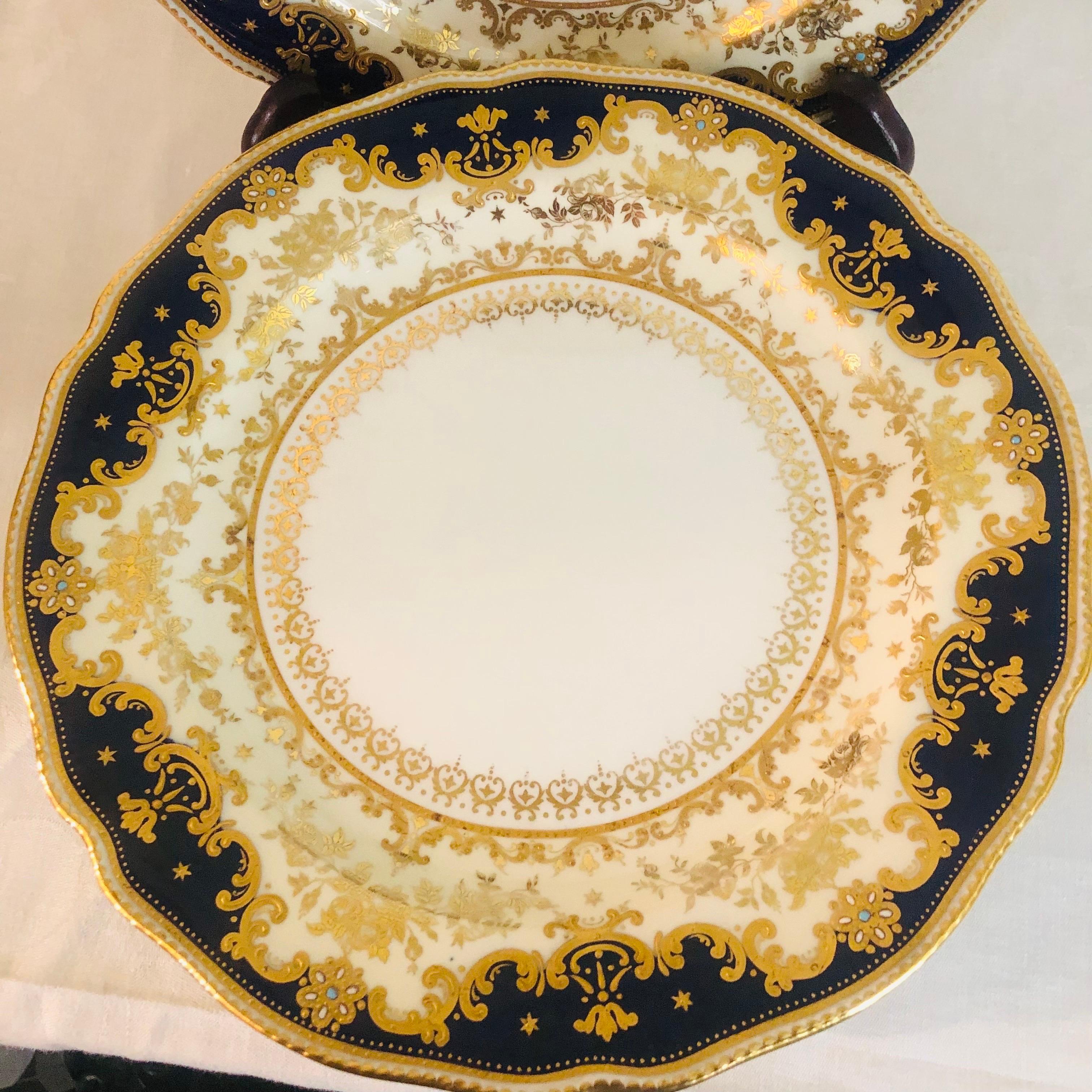 Early 20th Century Set of Ten Cobalt Spode Copeland Jeweled Dinner Plates with Raised Gilding  
