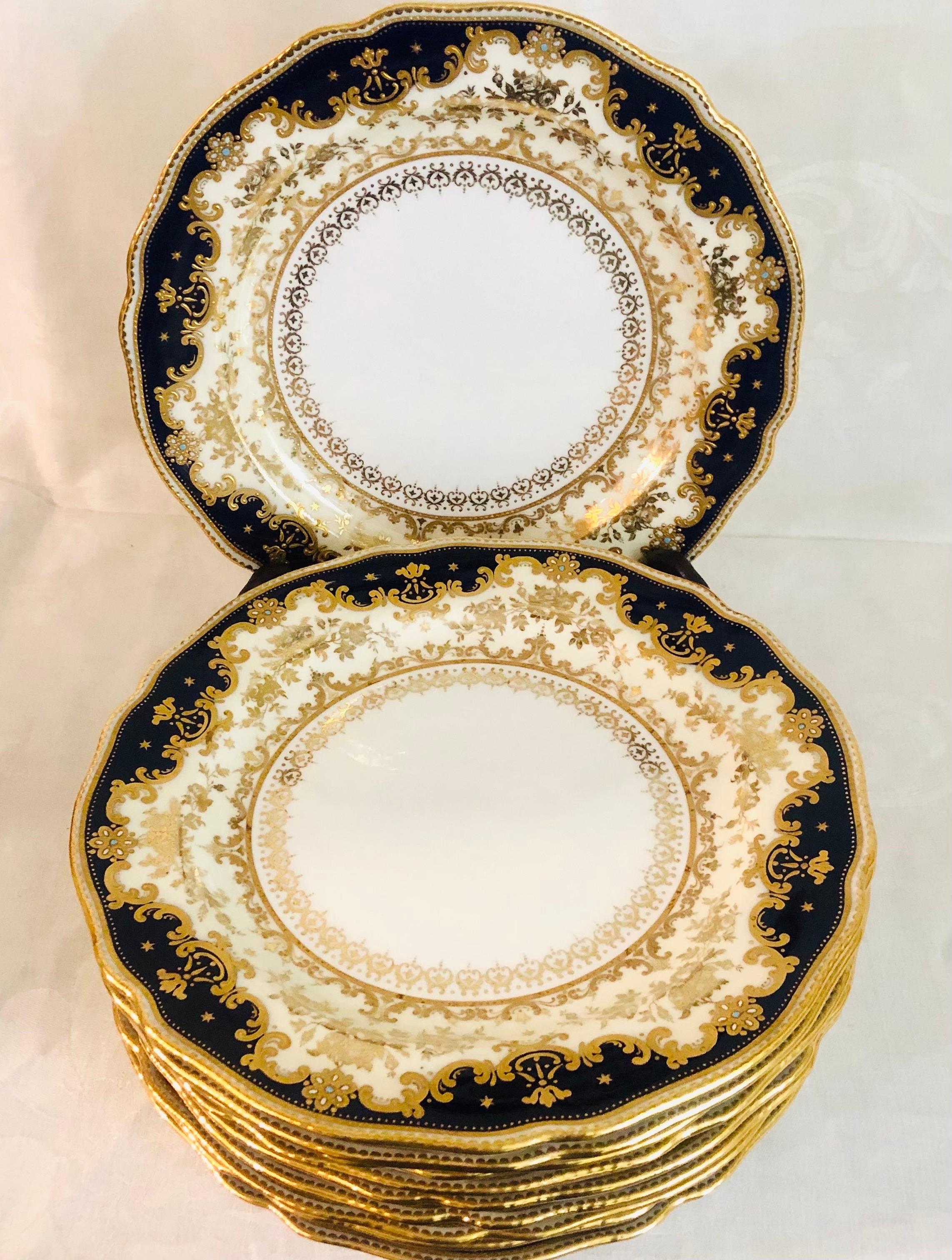 Porcelain Set of Ten Cobalt Spode Copeland Jeweled Dinner Plates with Raised Gilding  