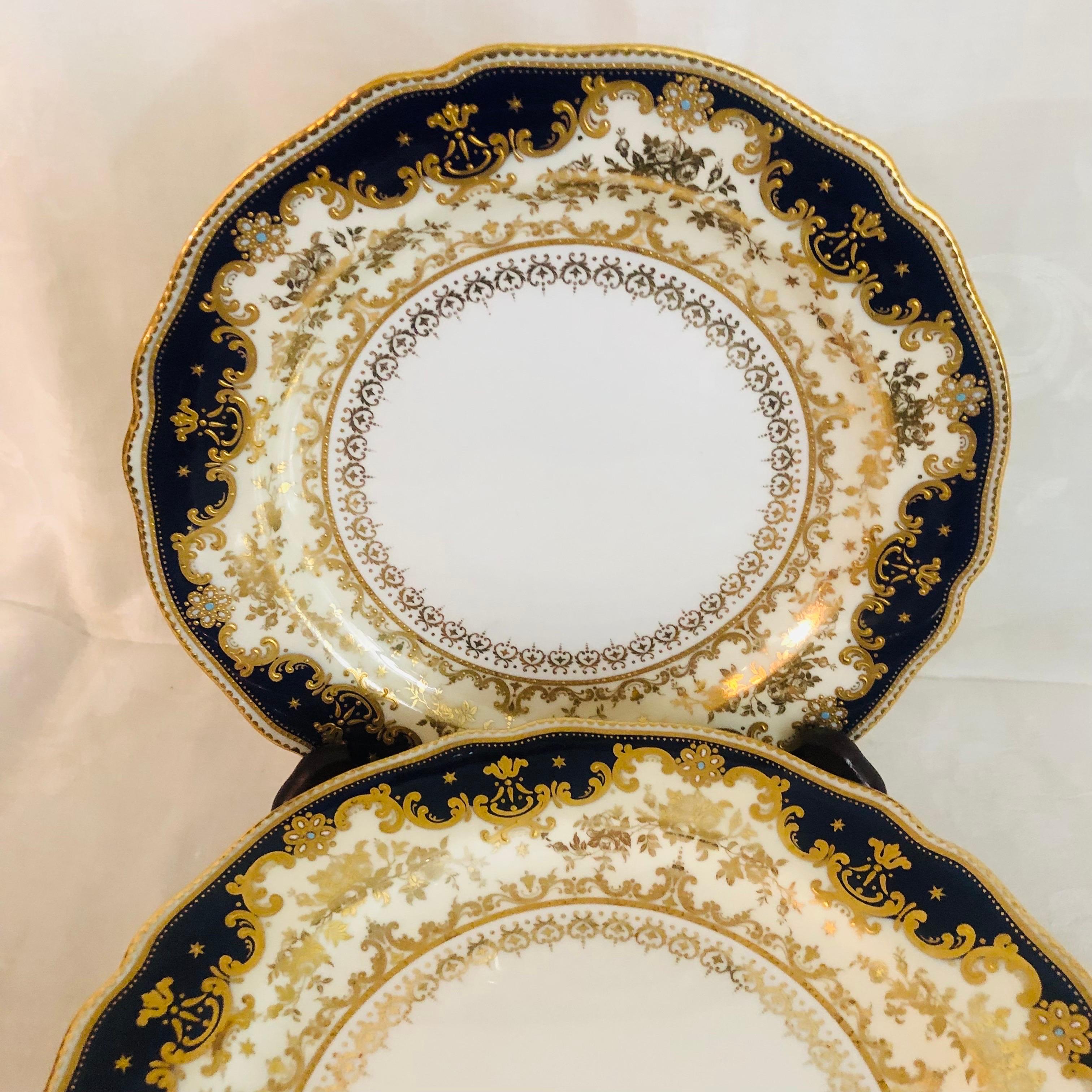 Set of Ten Cobalt Spode Copeland Jeweled Dinner Plates with Raised Gilding   1