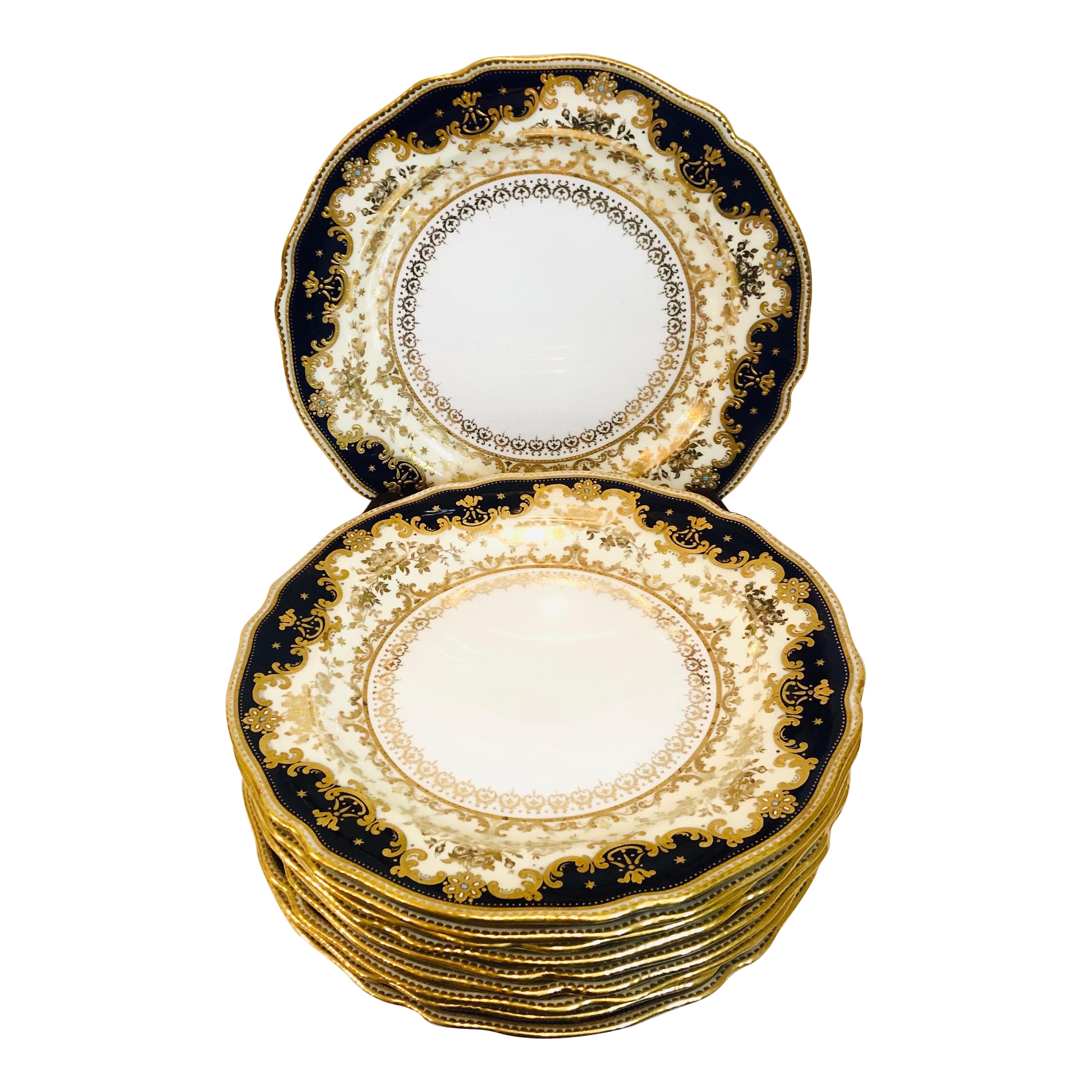 Set of Ten Cobalt Spode Copeland Jeweled Dinner Plates with Raised Gilding