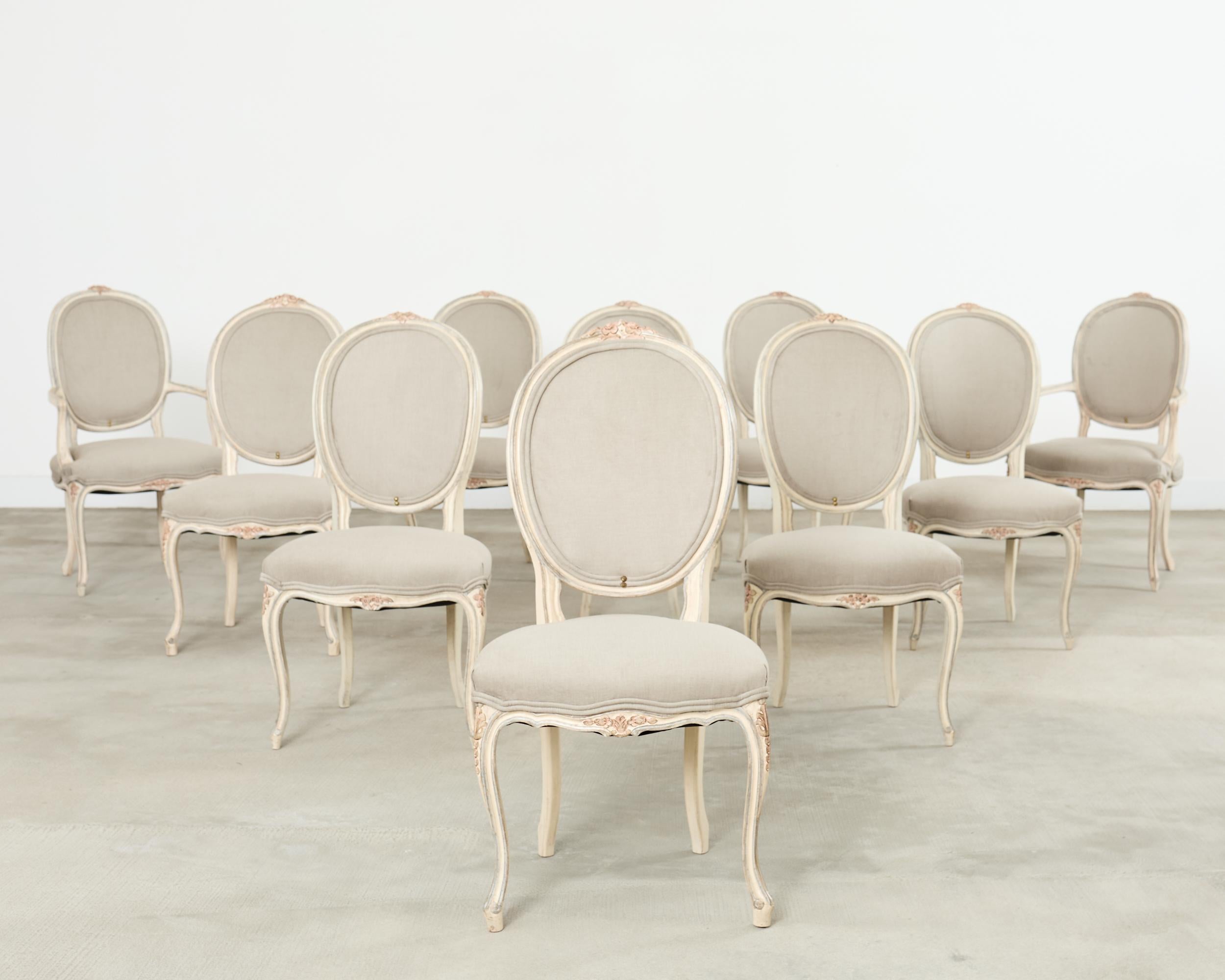 Painted Set of Ten Country French Provincial Louis XV Style Dining Chairs For Sale