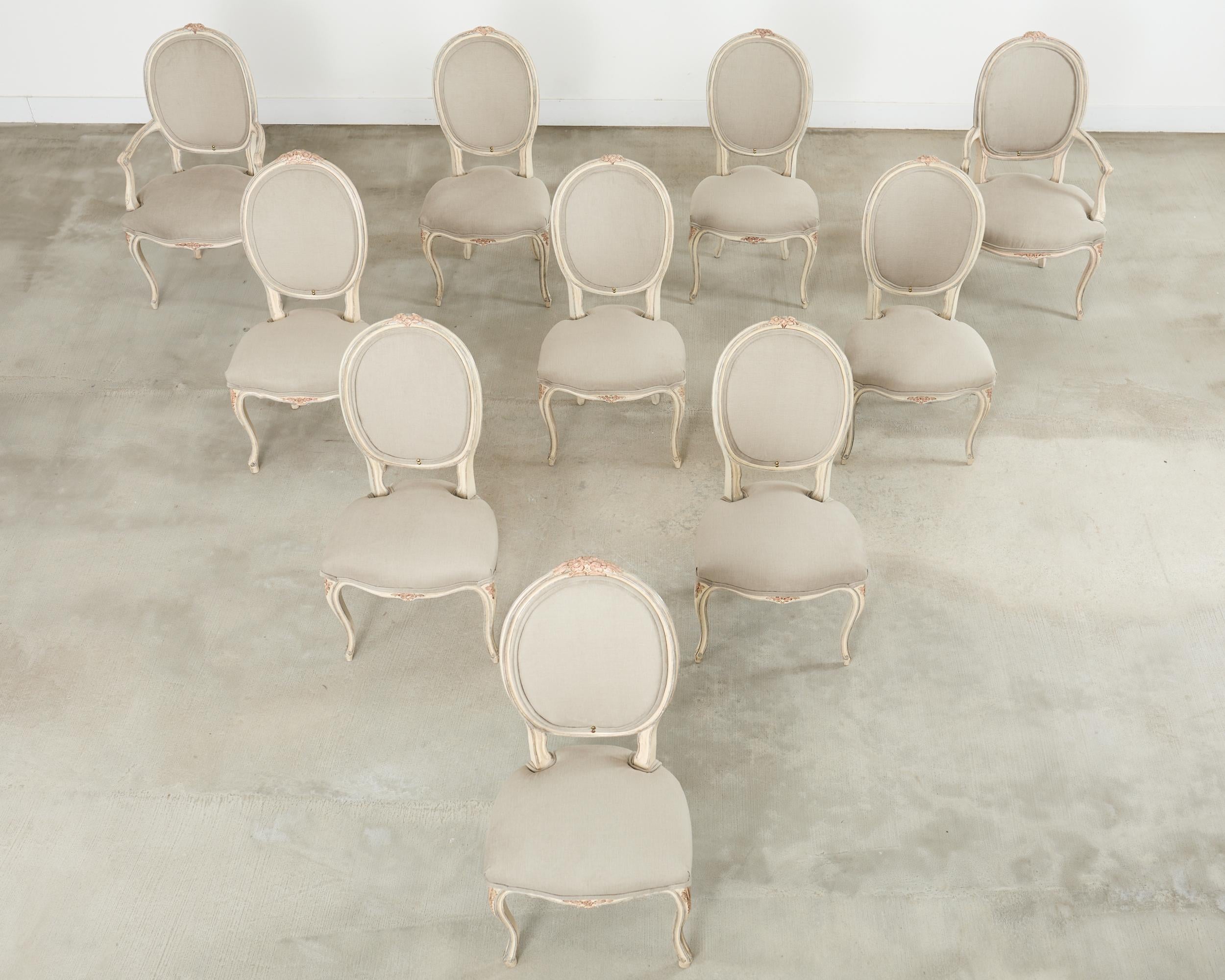 Set of Ten Country French Provincial Louis XV Style Dining Chairs In Good Condition For Sale In Rio Vista, CA