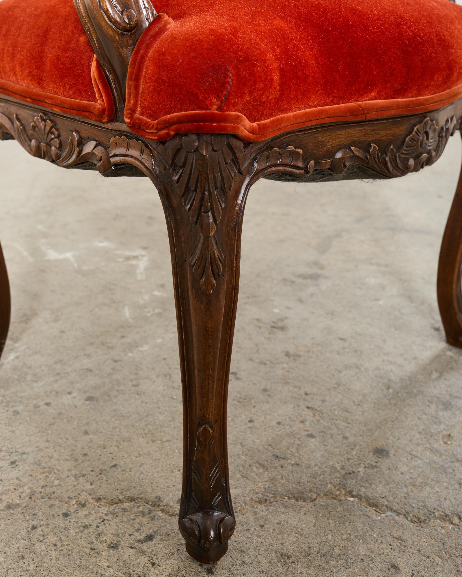 Set of Ten Country French Provincial Style Walnut Mohair Dining Chairs 11