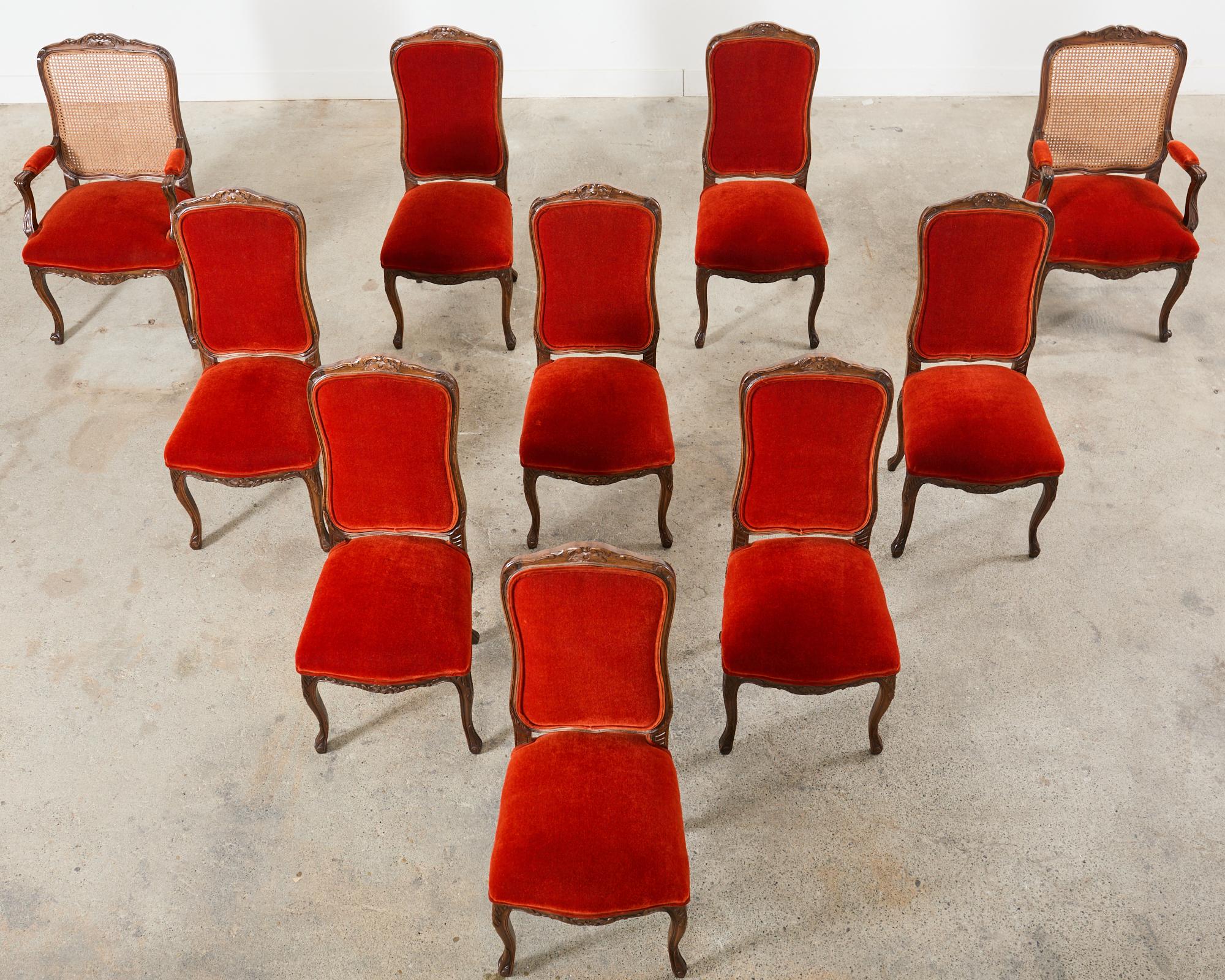 Hand-Crafted Set of Ten Country French Provincial Style Walnut Mohair Dining Chairs