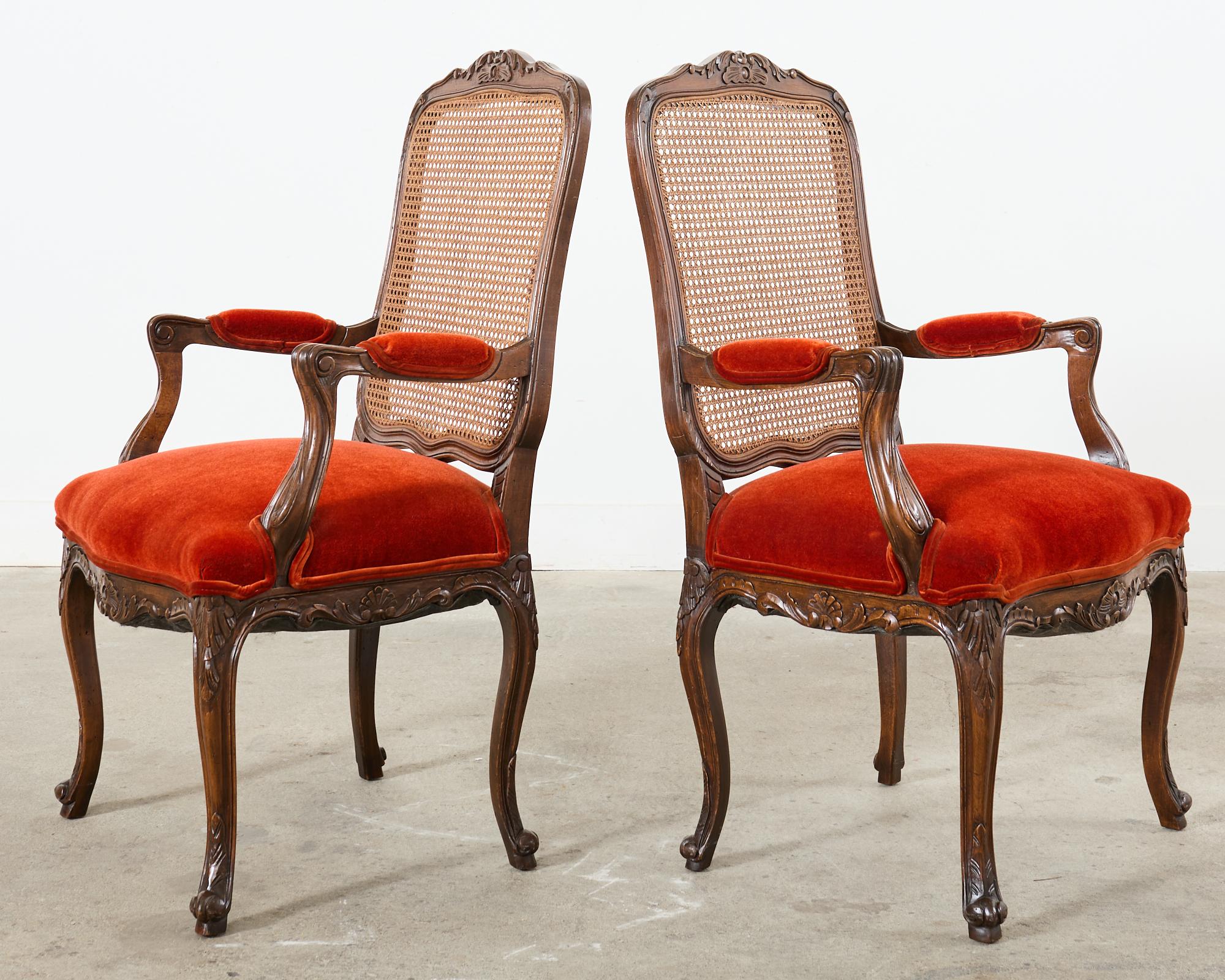 Fabric Set of Ten Country French Provincial Style Walnut Mohair Dining Chairs