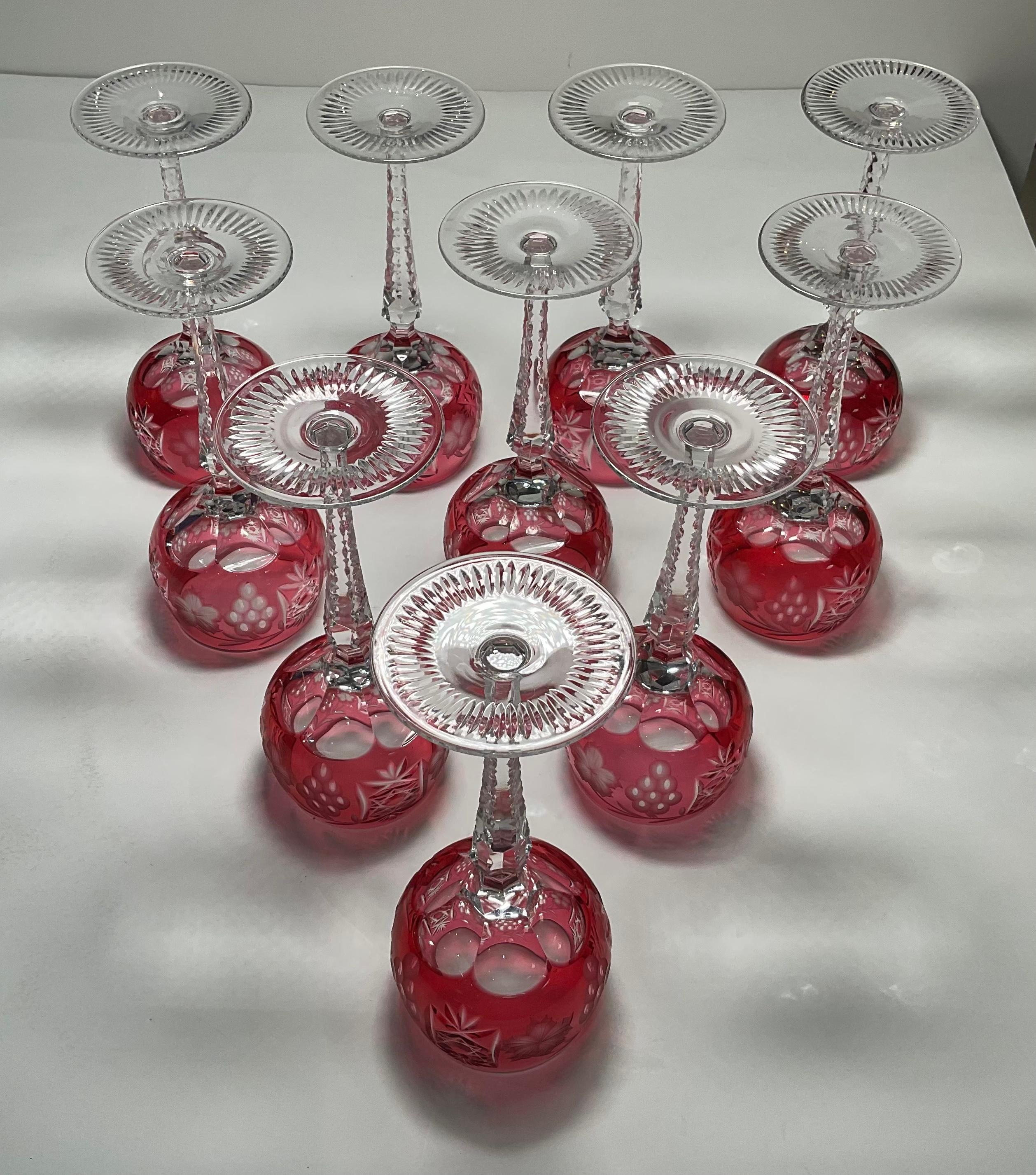 Set of Ten Cranberry Color to Clear Cut Crystal Wine Glasses 3