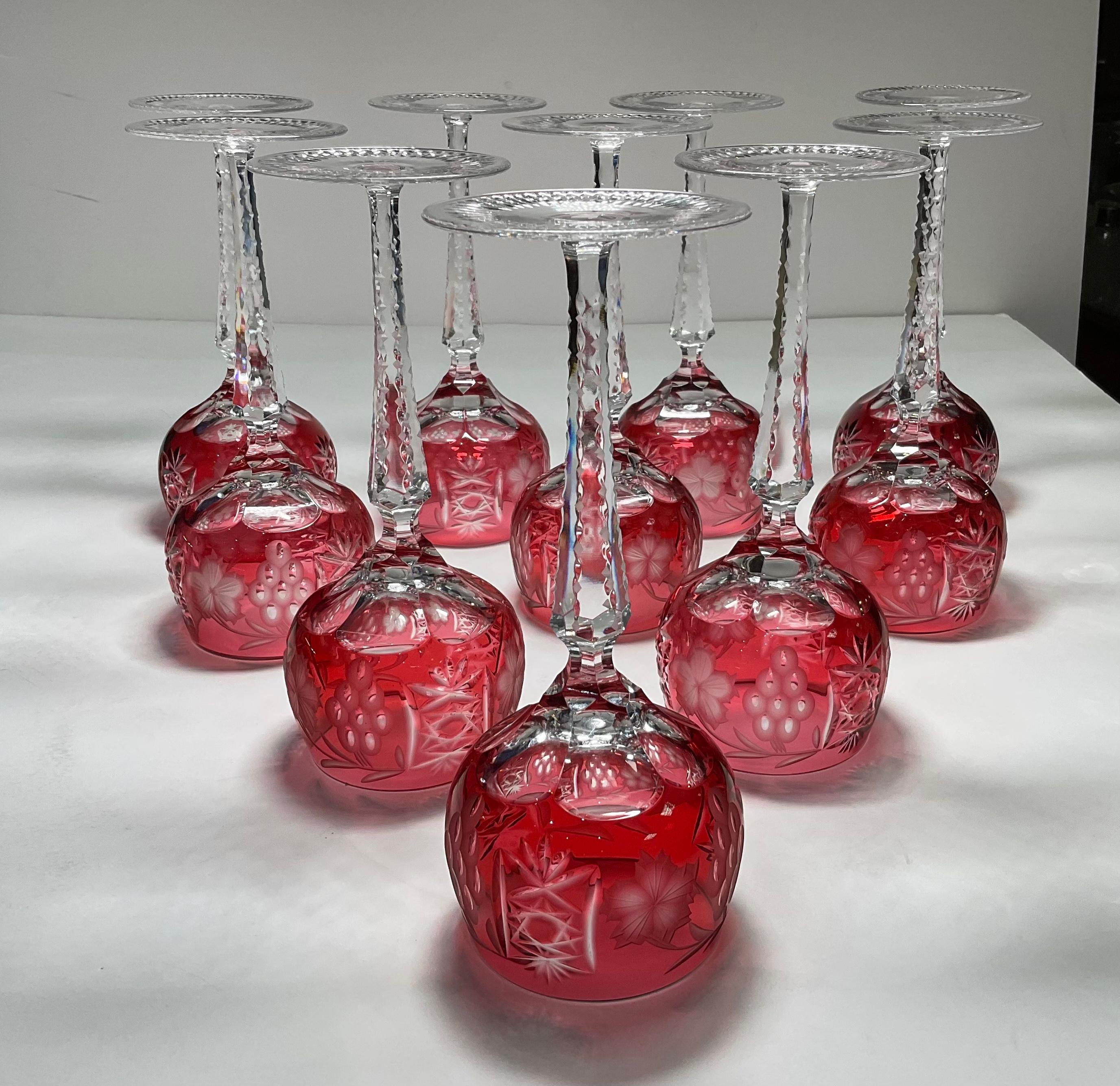 Set of Ten Cranberry Color to Clear Cut Crystal Wine Glasses 4