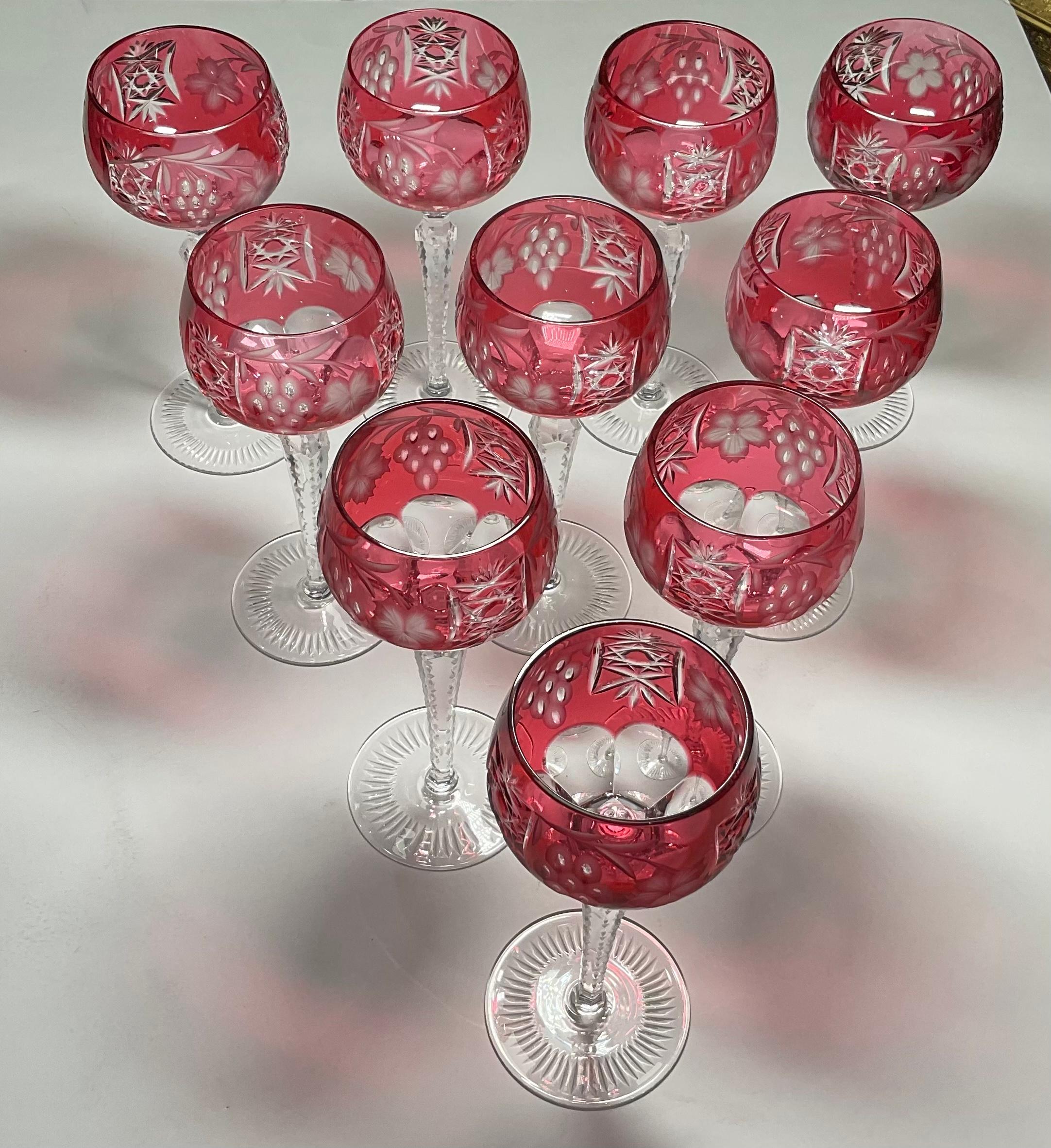 Set of Ten Cranberry Color to Clear Cut Crystal Wine Glasses 5
