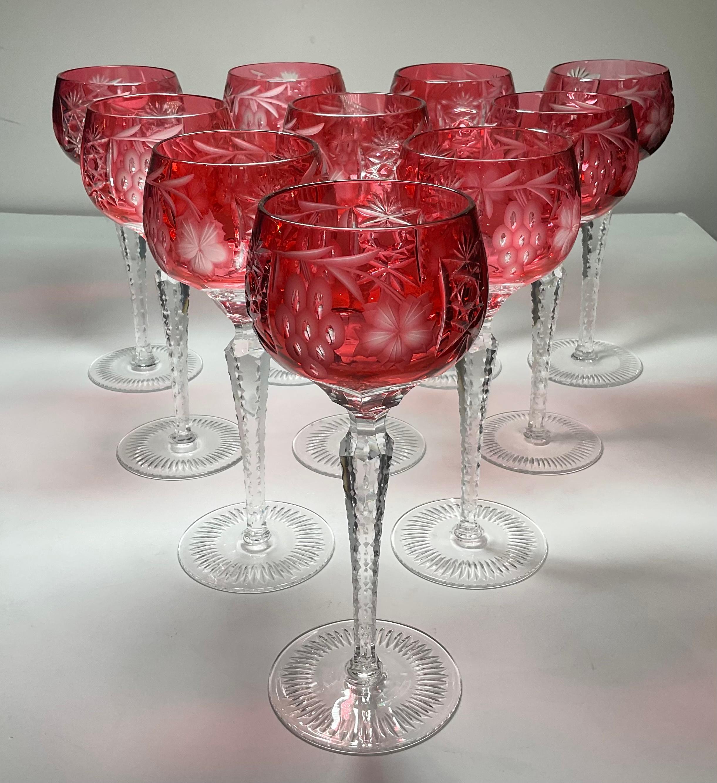 Set of Ten Cranberry Color to Clear Cut Crystal Wine Glasses 6