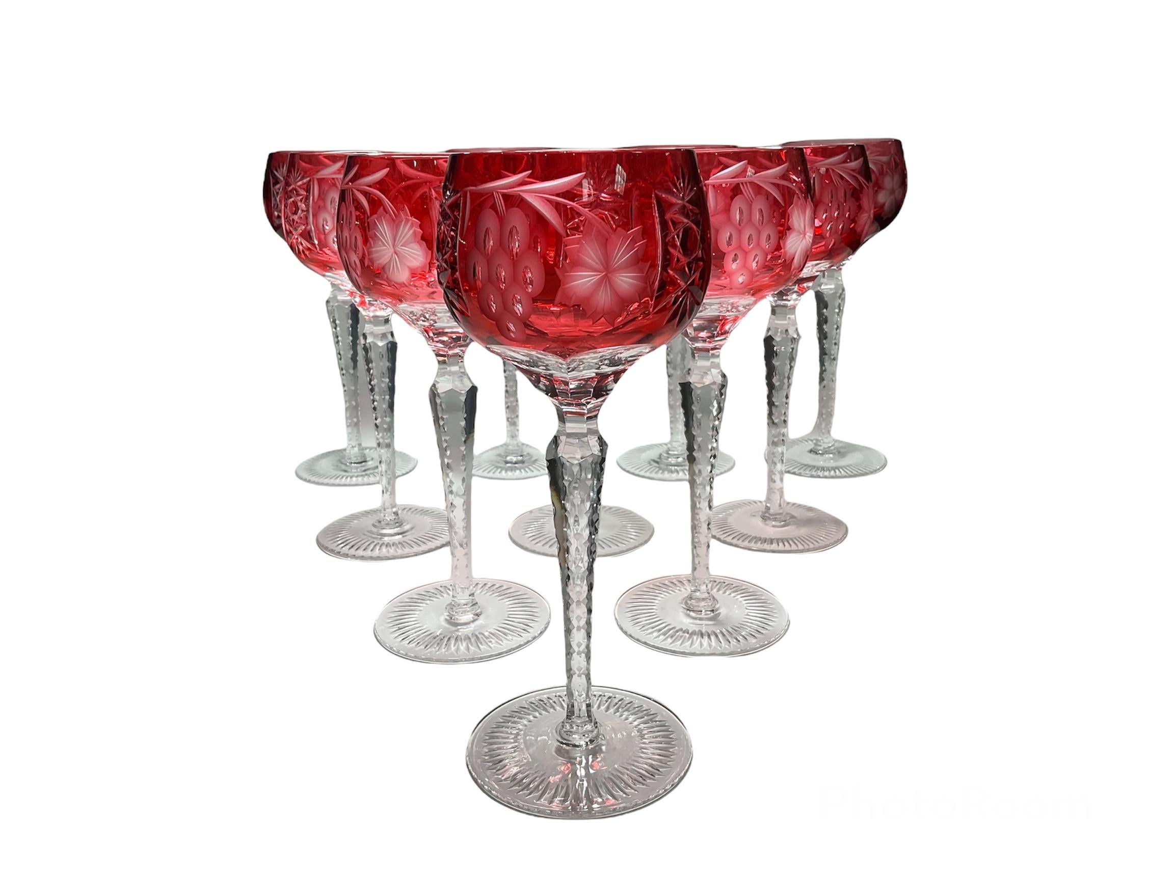 Other Set of Ten Cranberry Color to Clear Cut Crystal Wine Glasses