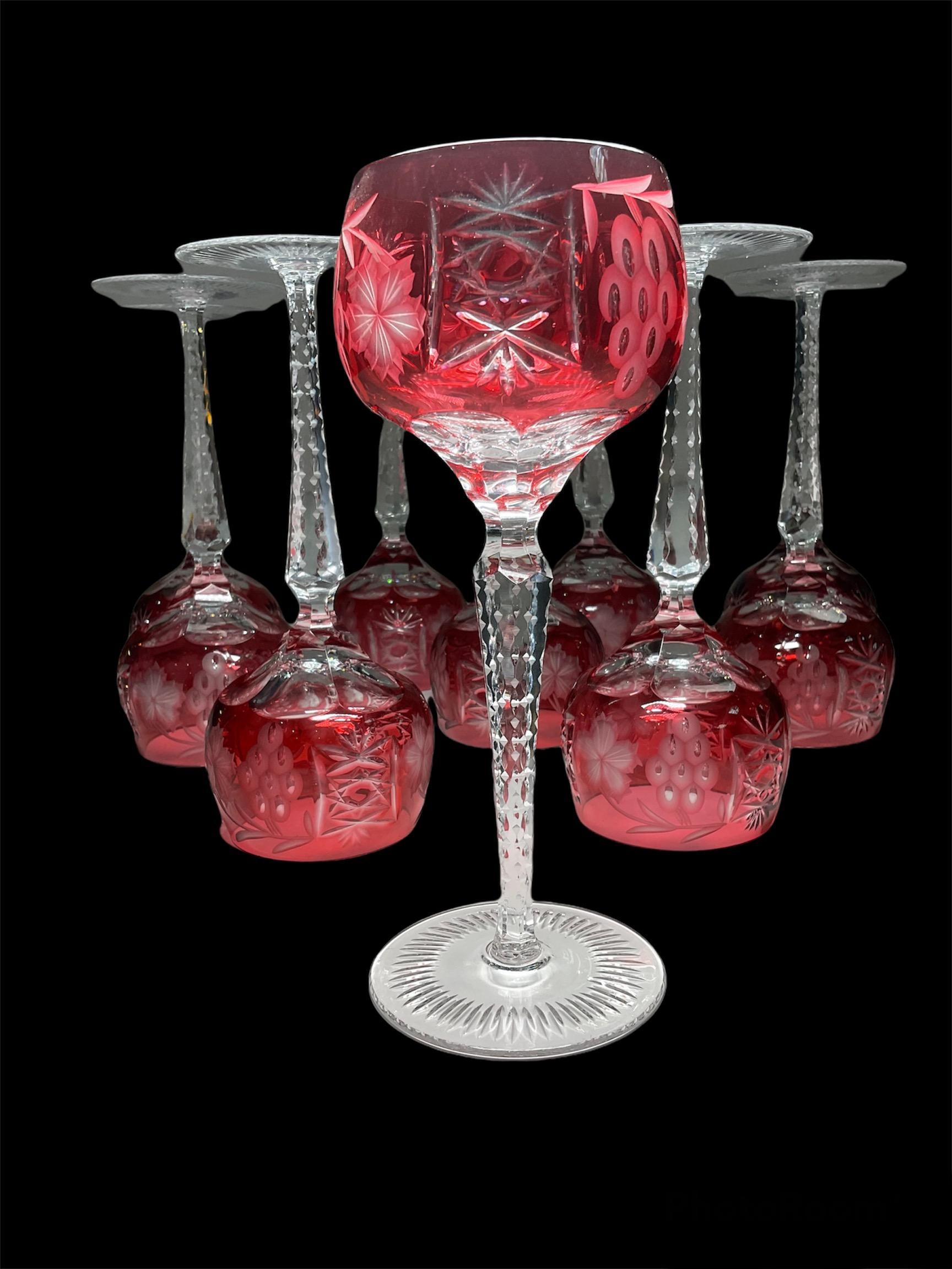 Unknown Set of Ten Cranberry Color to Clear Cut Crystal Wine Glasses