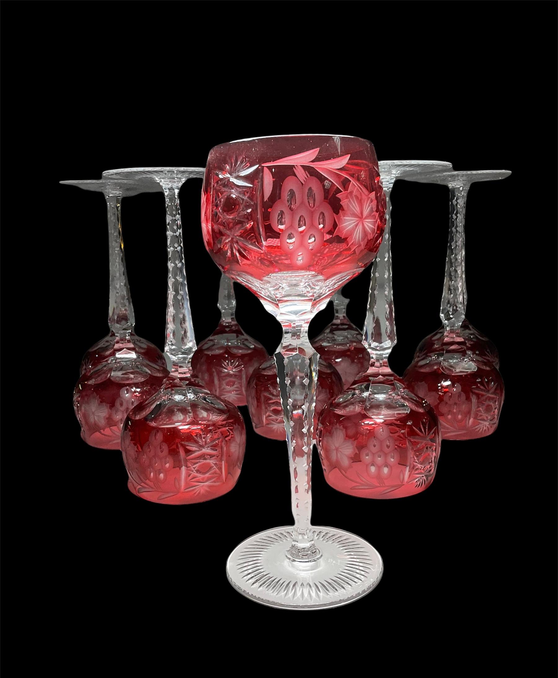 Faceted Set of Ten Cranberry Color to Clear Cut Crystal Wine Glasses