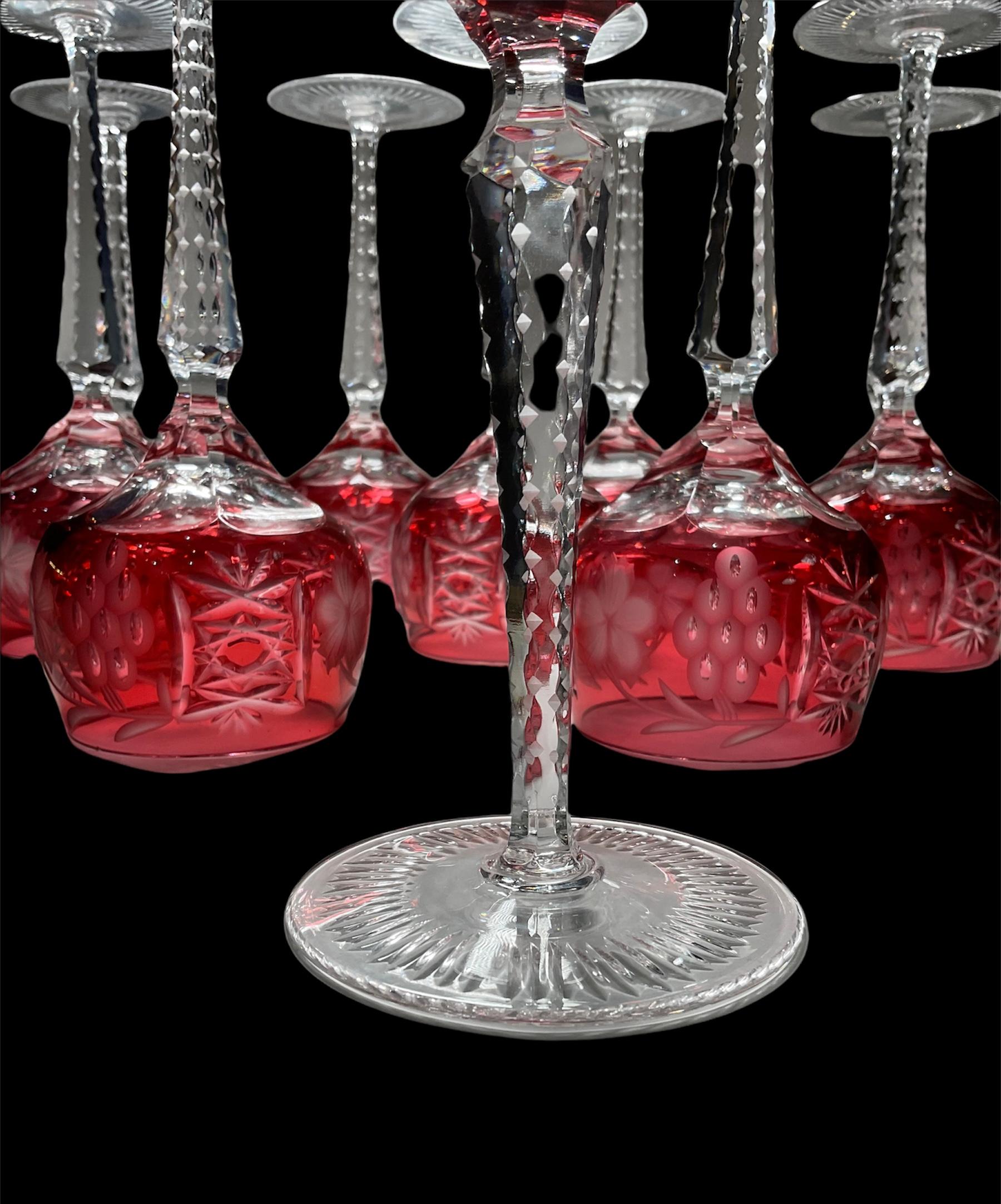 20th Century Set of Ten Cranberry Color to Clear Cut Crystal Wine Glasses