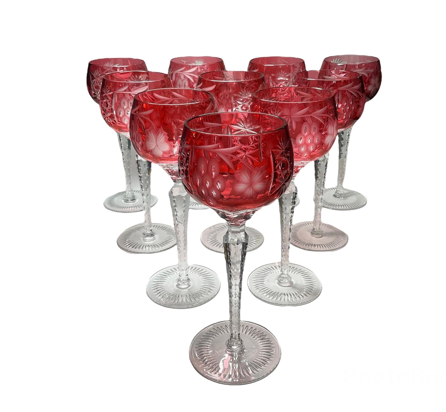 Set of Ten Cranberry Color to Clear Cut Crystal Wine Glasses 1