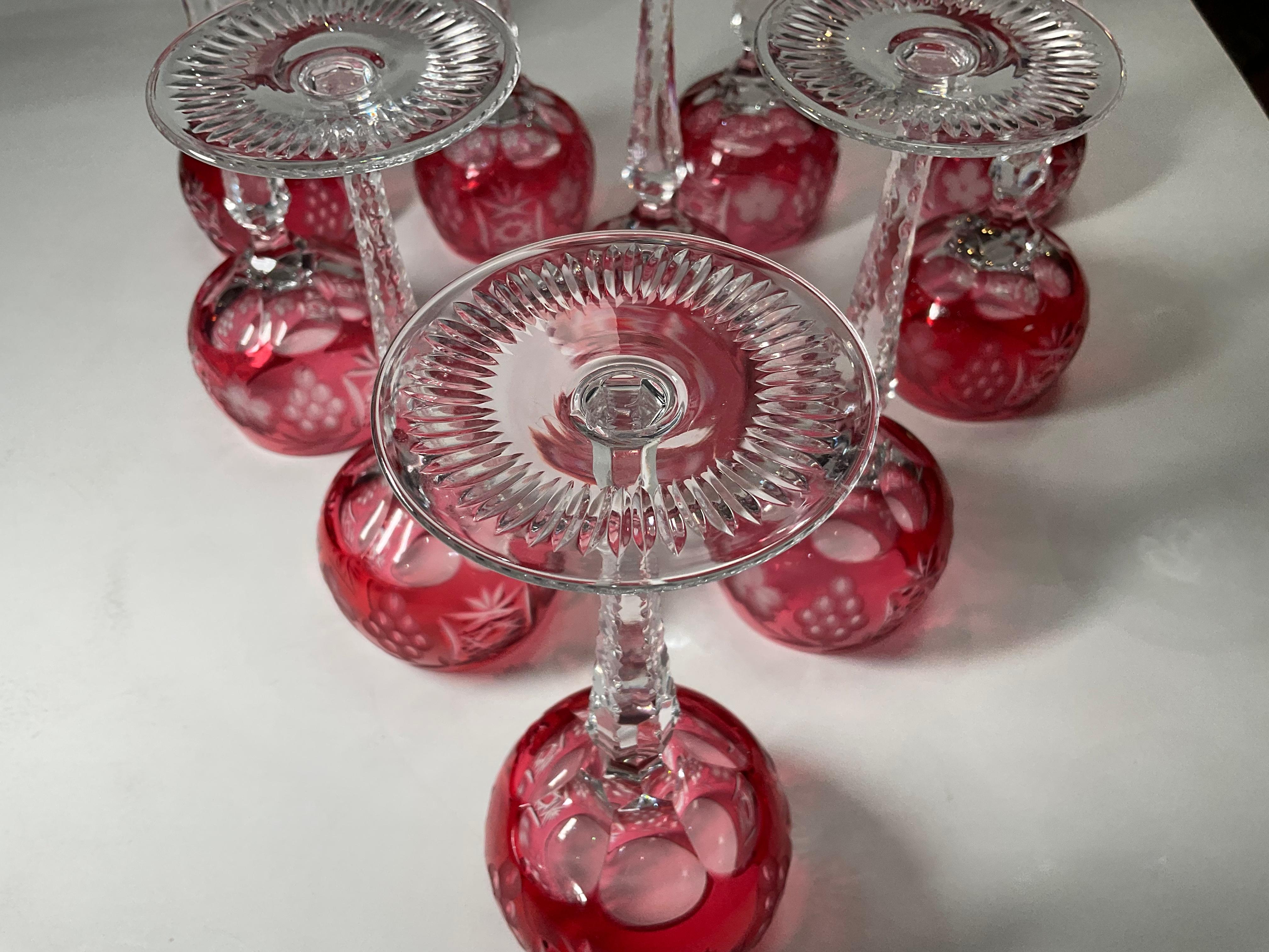Set of Ten Cranberry Color to Clear Cut Crystal Wine Glasses 2