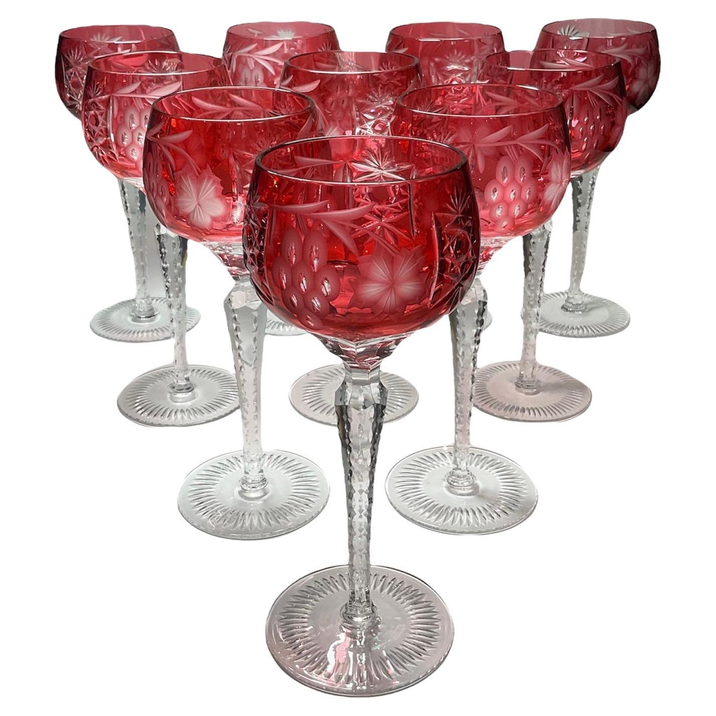 Set of Ten Cranberry Color to Clear Cut Crystal Wine Glasses