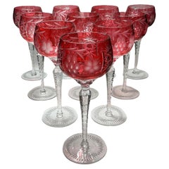 Set of Ten Cranberry Color to Clear Cut Crystal Wine Glasses